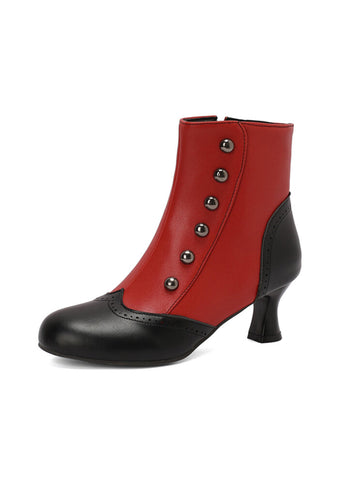 Retro Red and Black Button-Up Mid Heel Ankle Boots