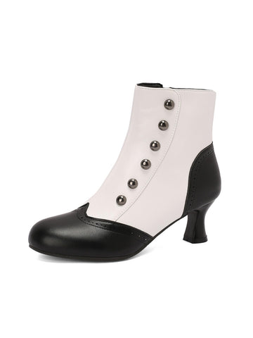 White and Black Button-Up Retro Short Boots for Women