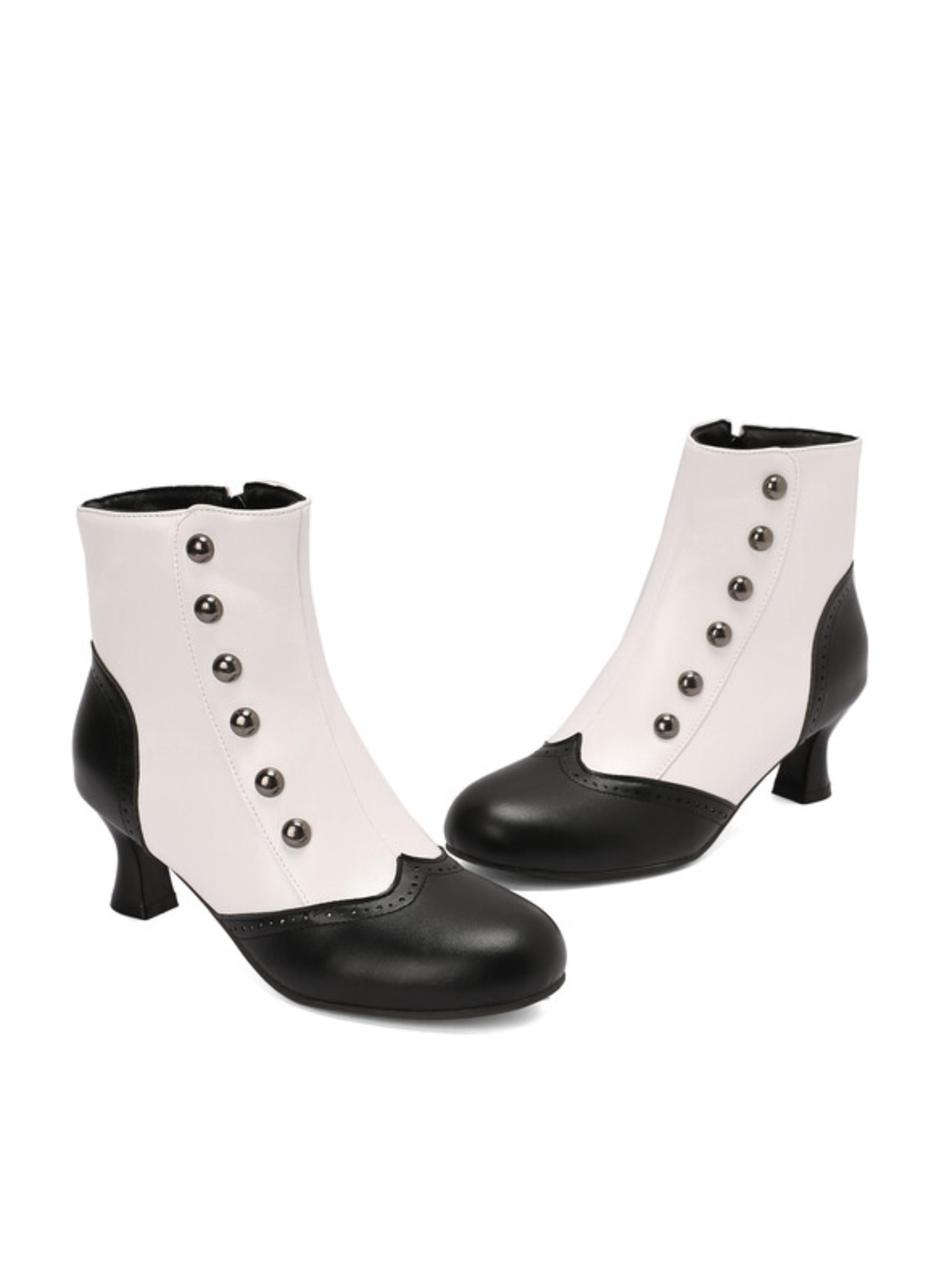 White and Black Button-Up Retro Short Boots for Women