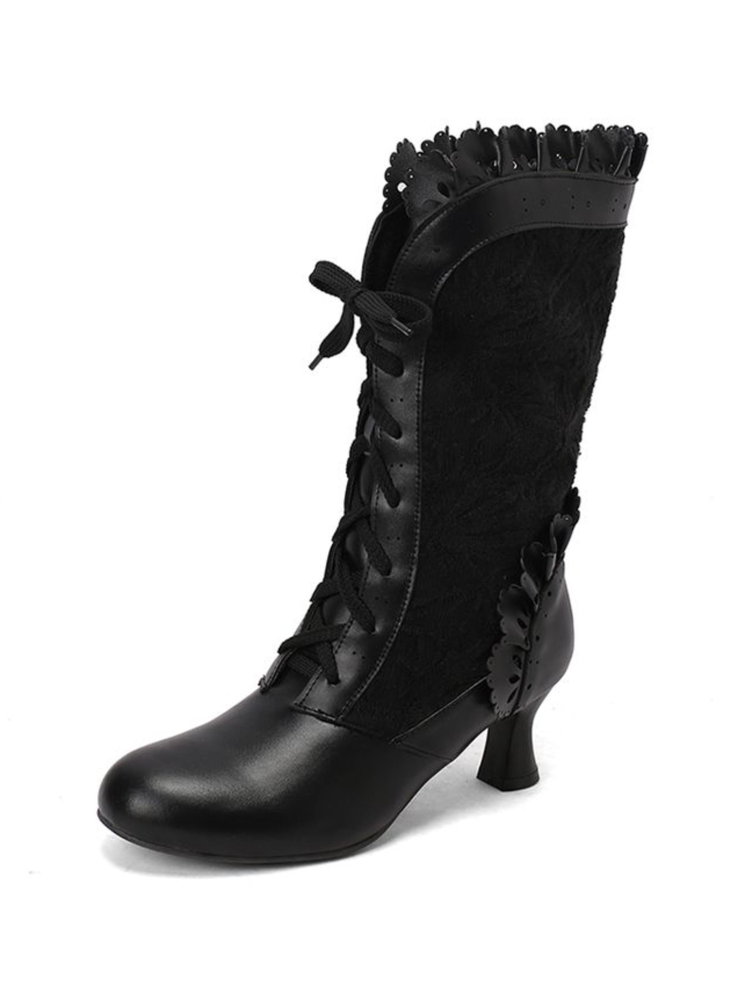 Black Vintage Lace-Up Boots with Scalloped Trim