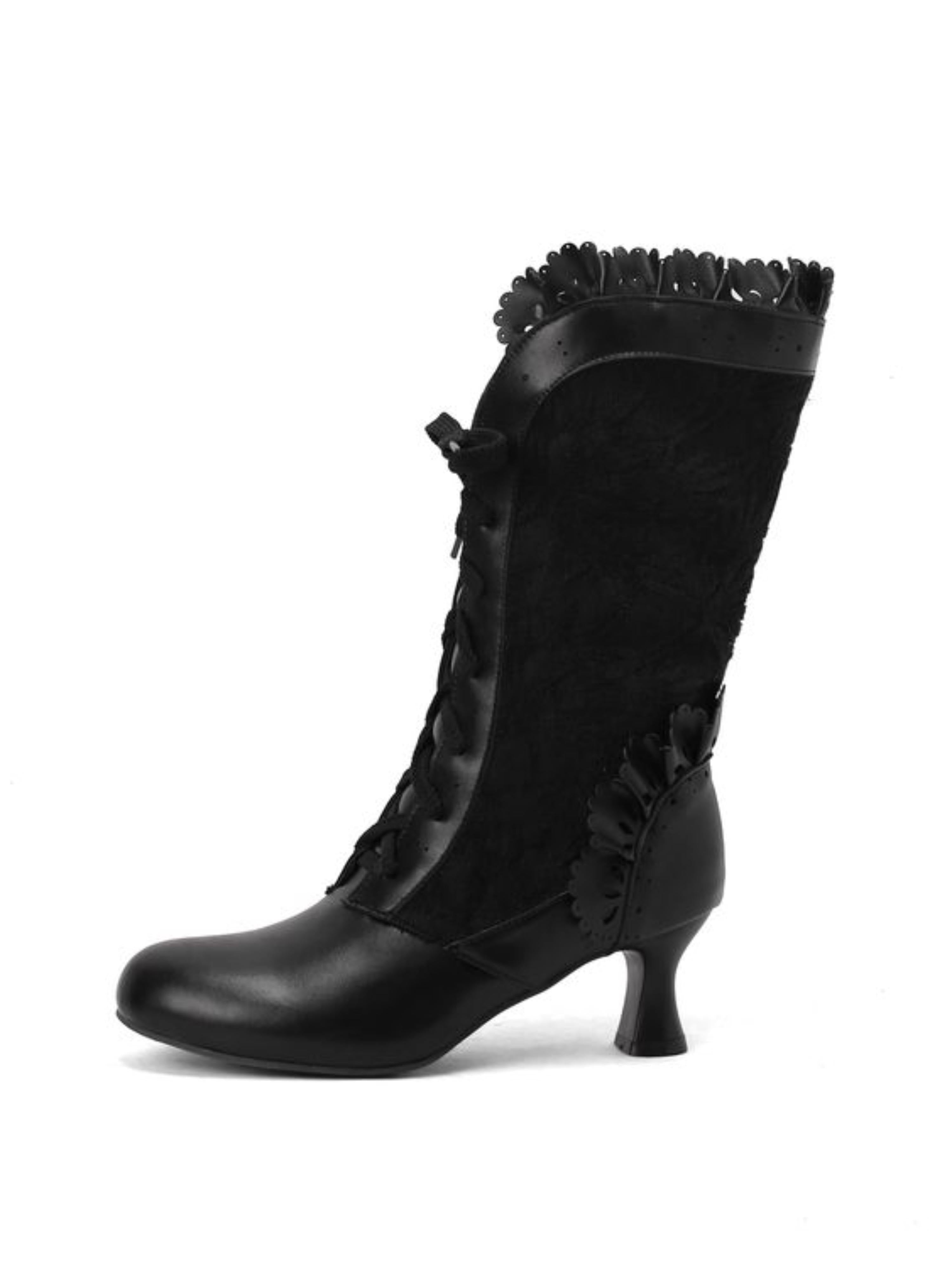 Black Vintage Lace-Up Boots with Scalloped Trim