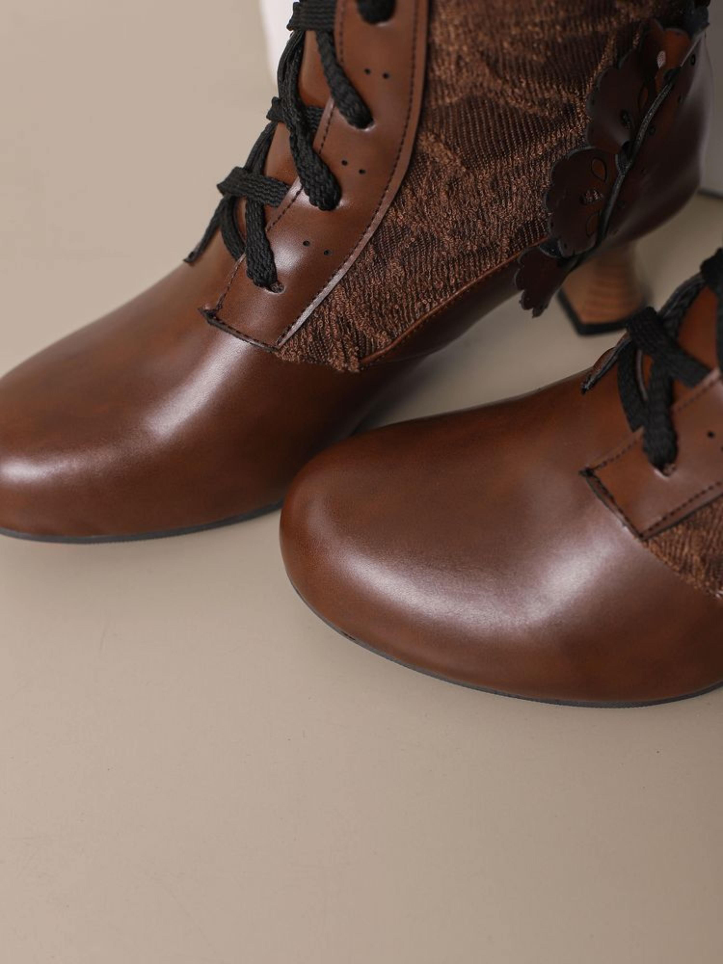 Classic Brown Victorian Lace-Up Mid-Calf Boots