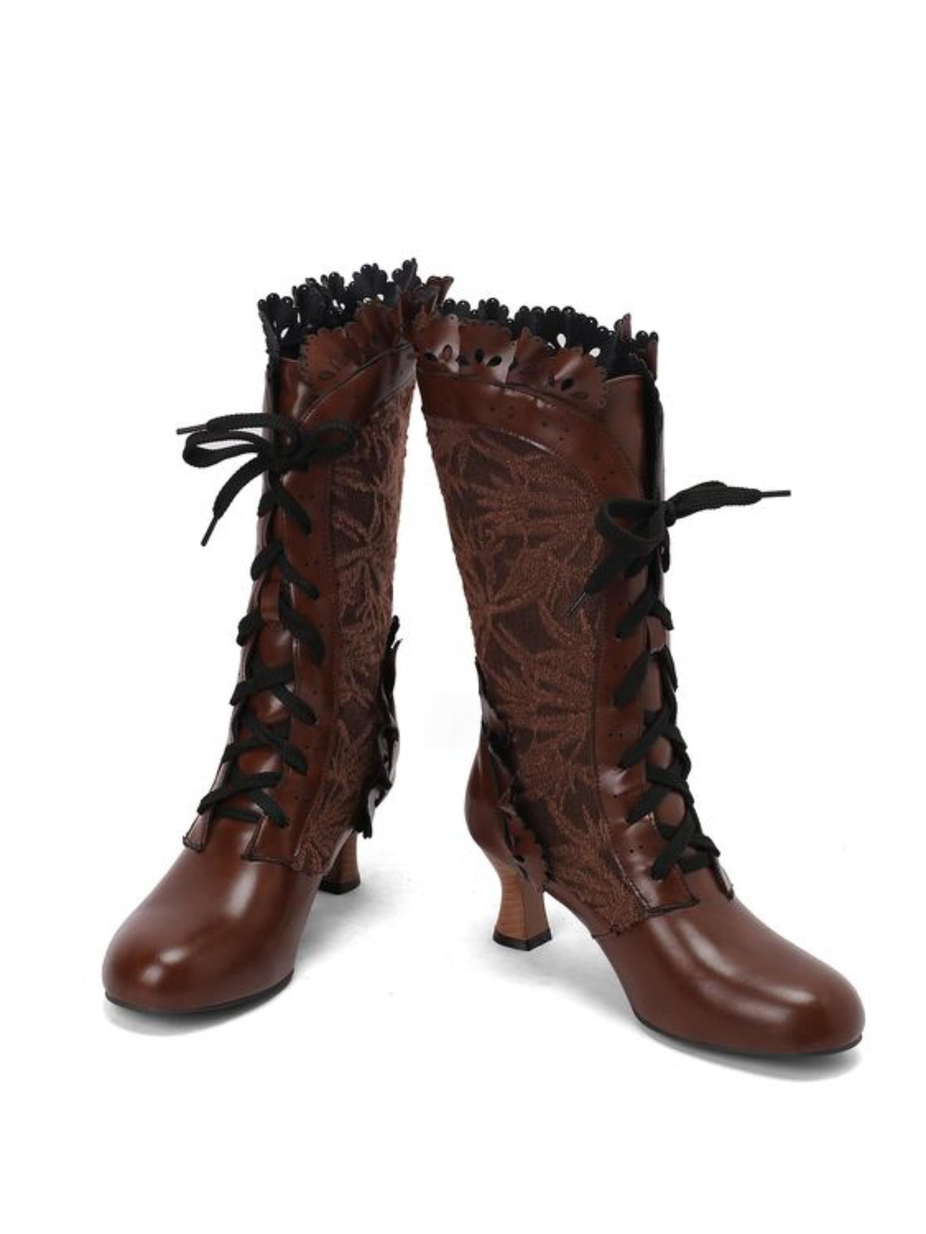 Classic Brown Victorian Lace-Up Mid-Calf Boots
