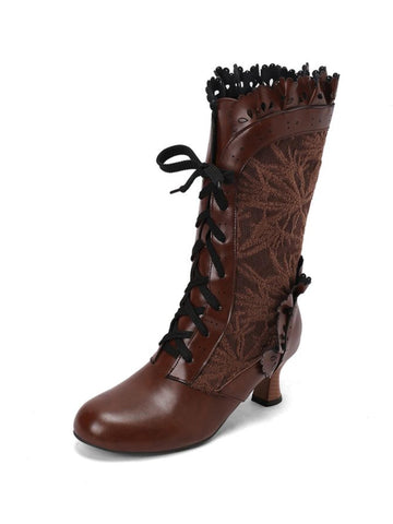 Classic Brown Victorian Lace-Up Mid-Calf Boots