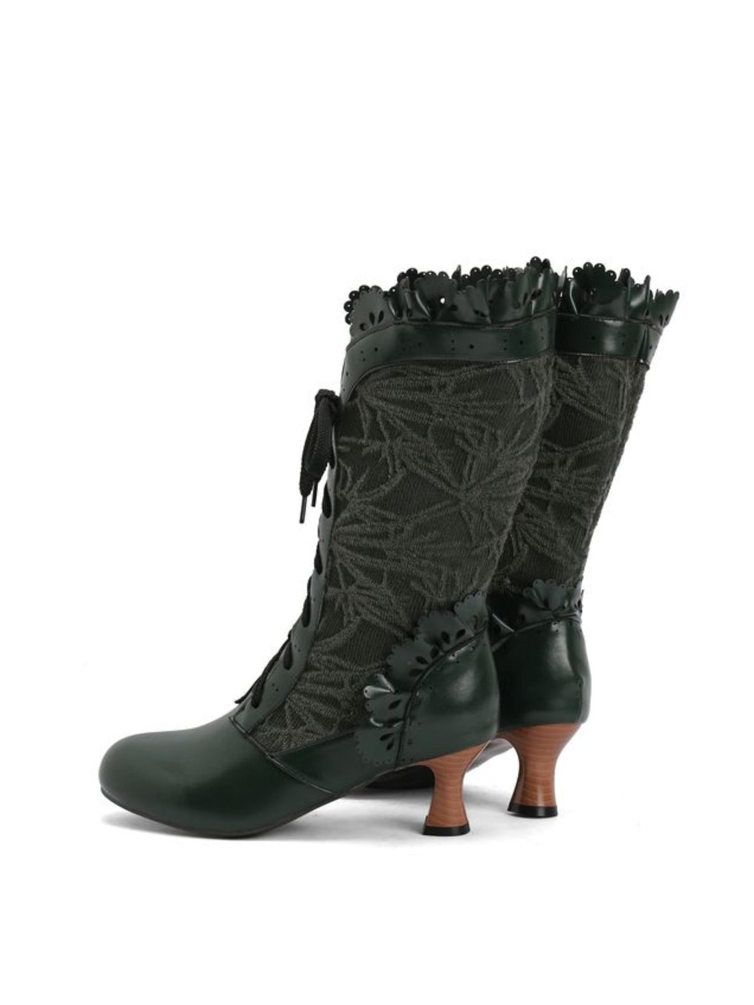 Vintage Green Floral Lace-Up Mid-Calf Boots