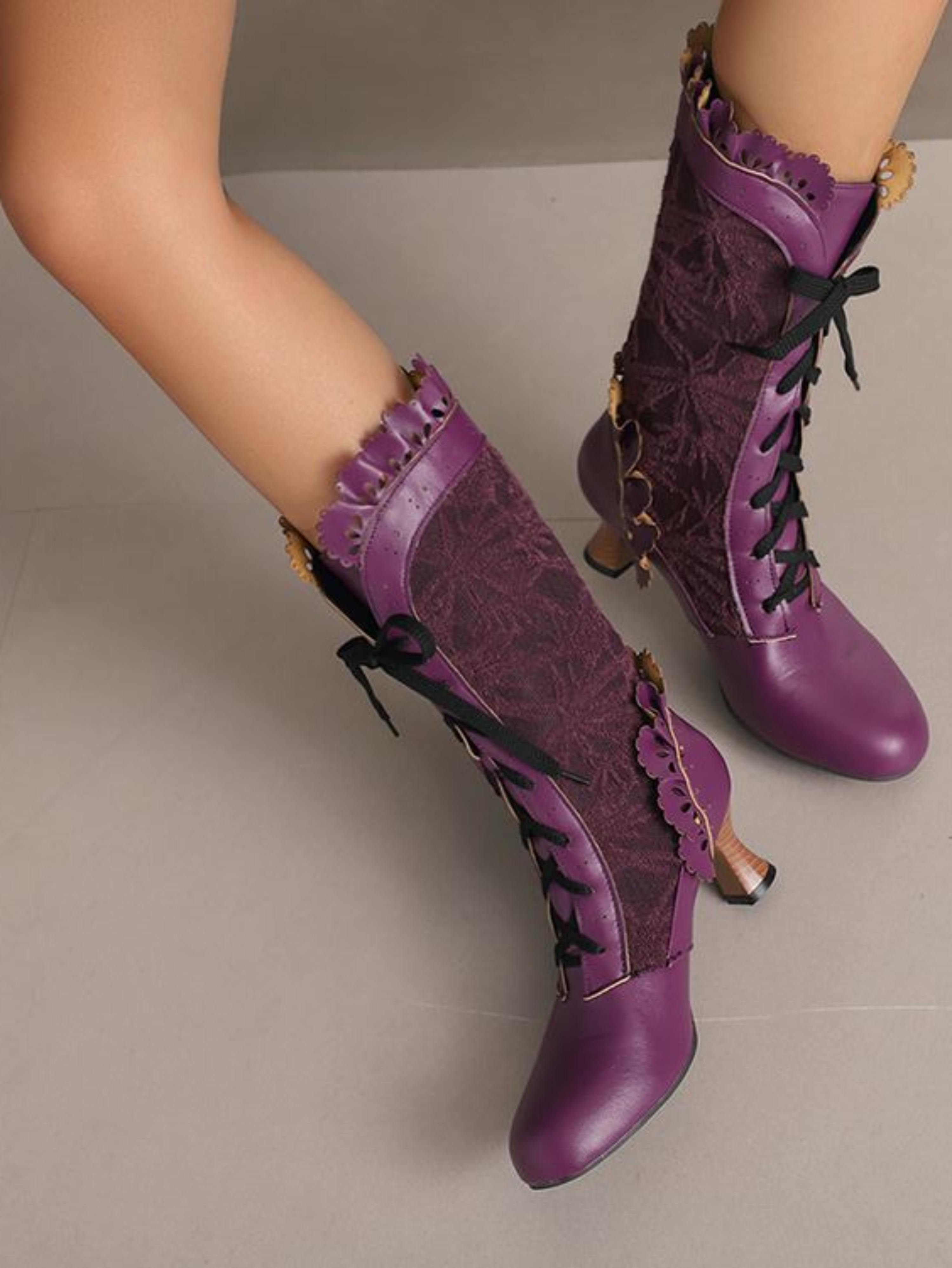 Elegant Purple Lace-Up Mid-Calf Victorian Boots