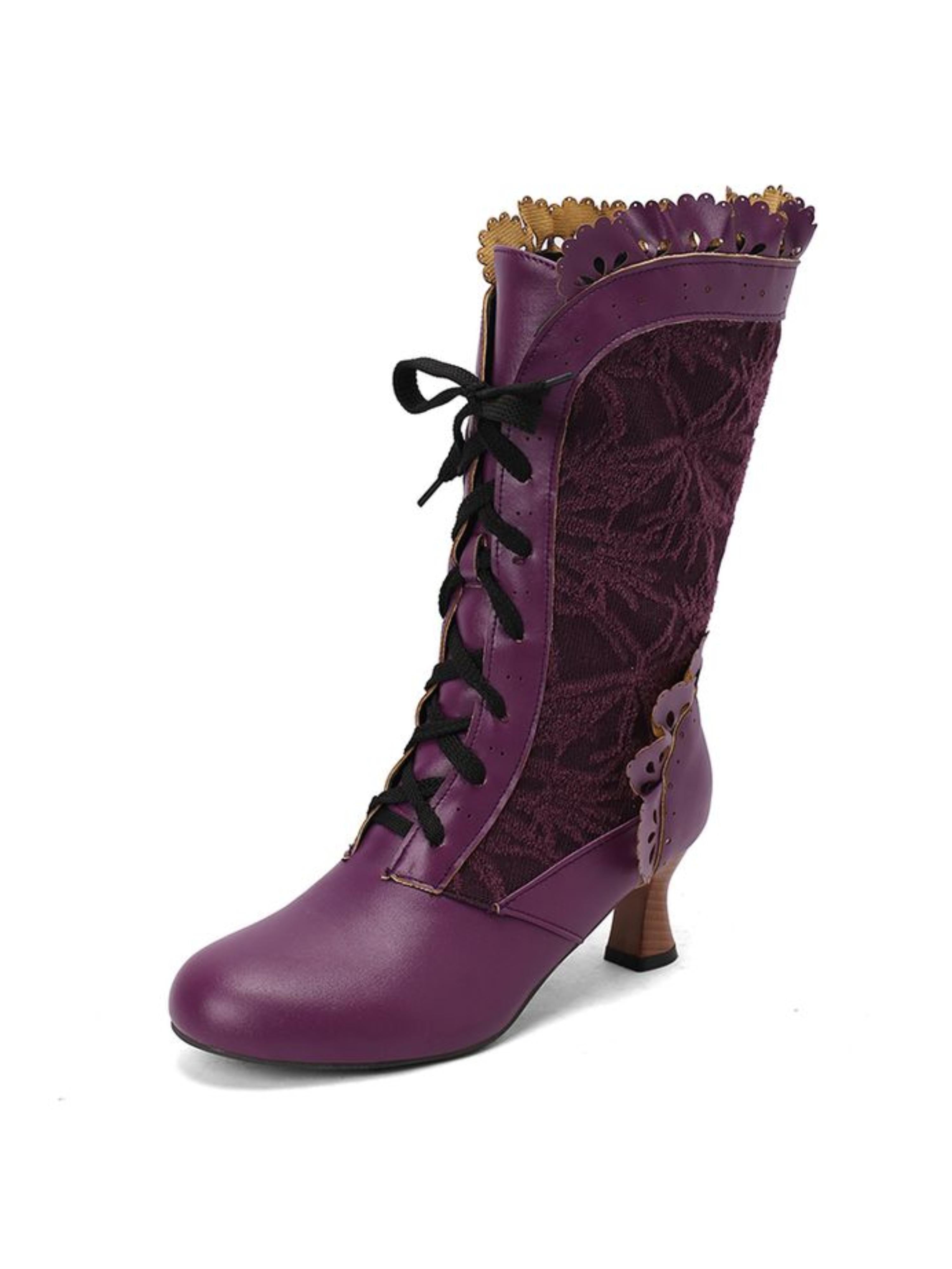 Elegant Purple Lace-Up Mid-Calf Victorian Boots