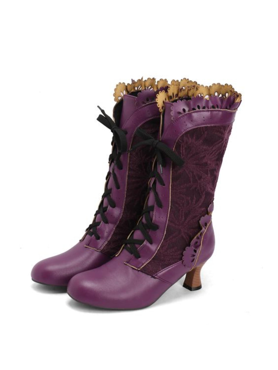 Elegant Purple Lace-Up Mid-Calf Victorian Boots
