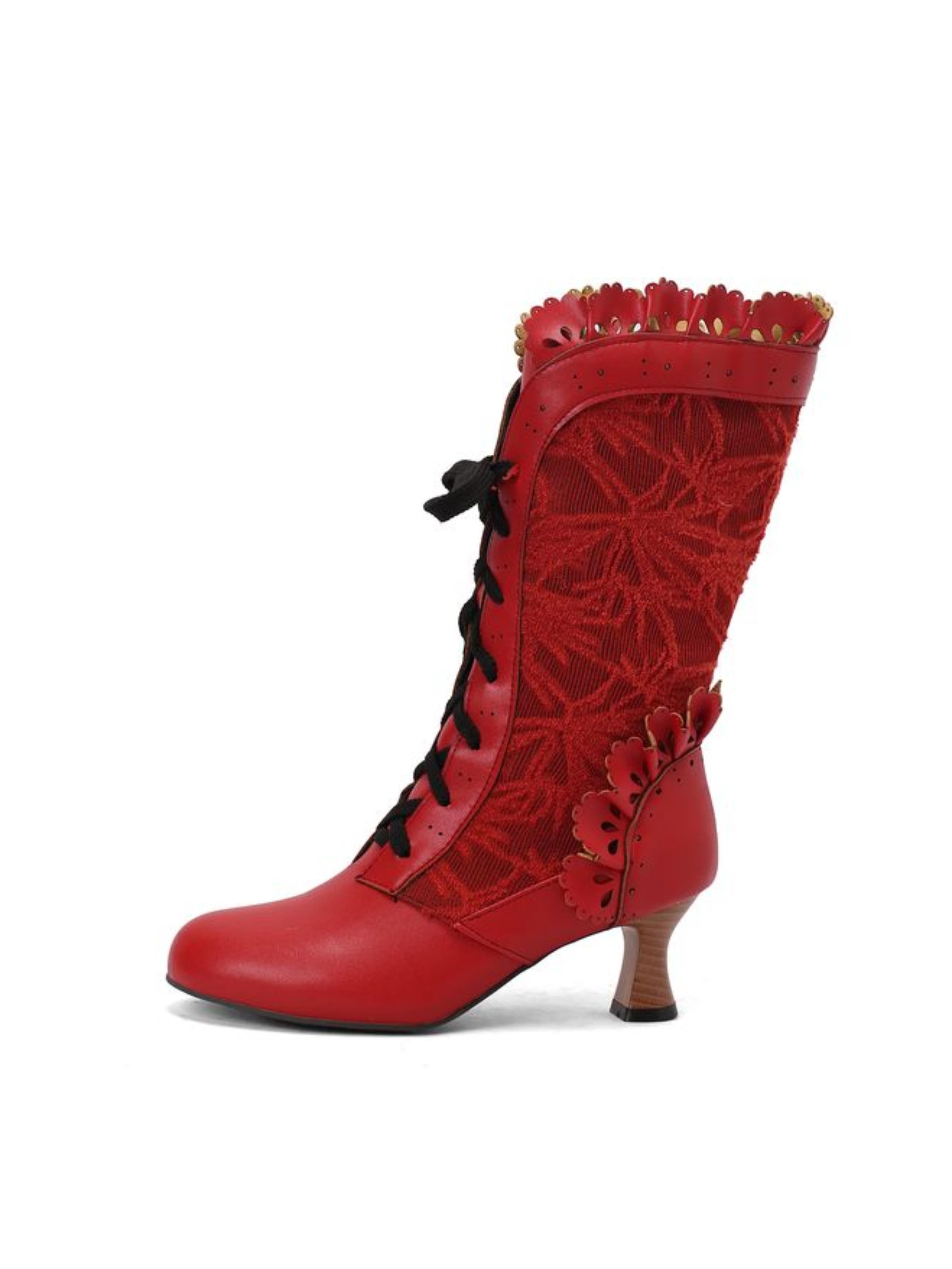 Red Lace-Up Mid-Calf Victorian Boots