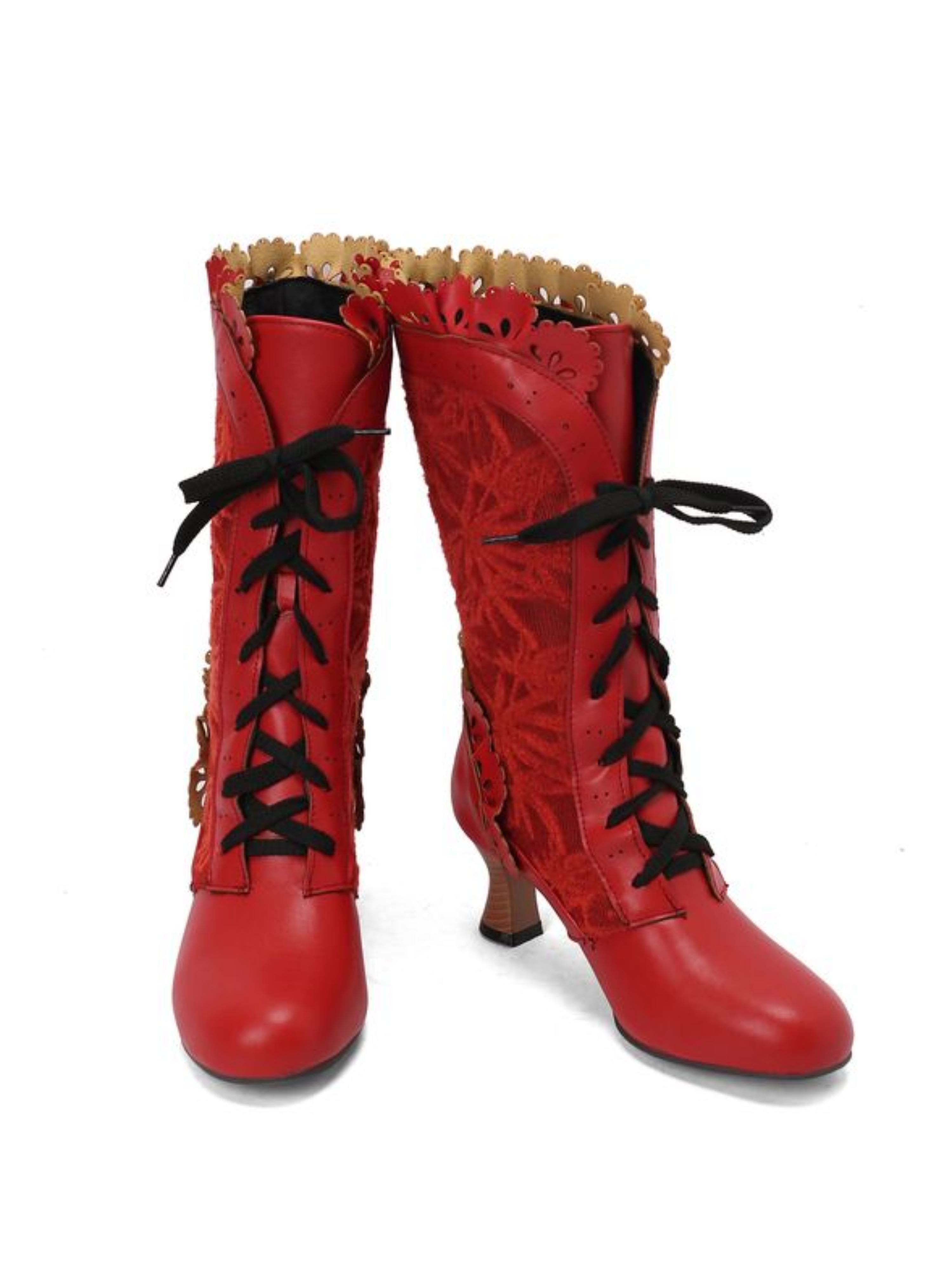 Red Lace-Up Mid-Calf Victorian Boots