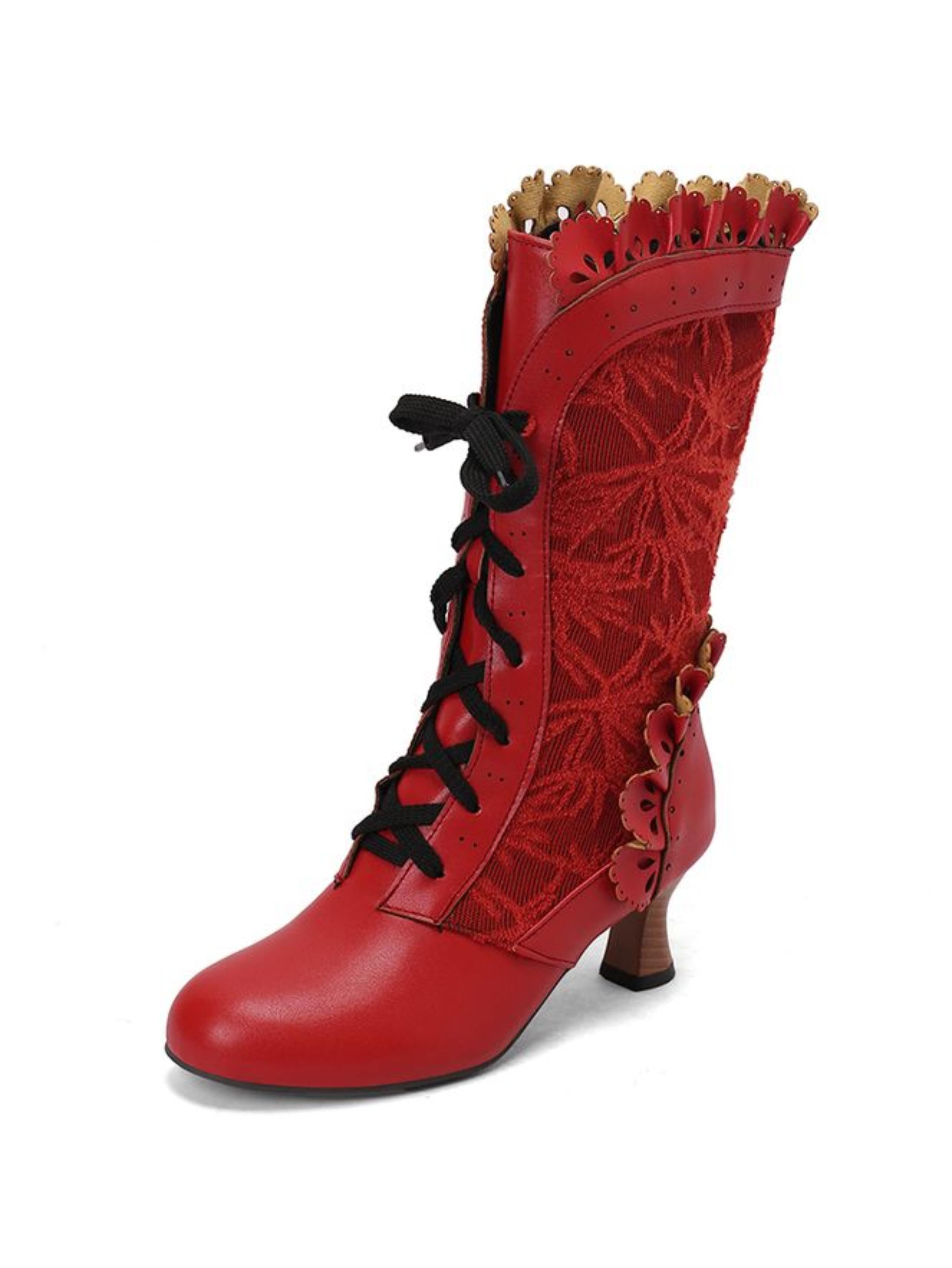 Red Lace-Up Mid-Calf Victorian Boots