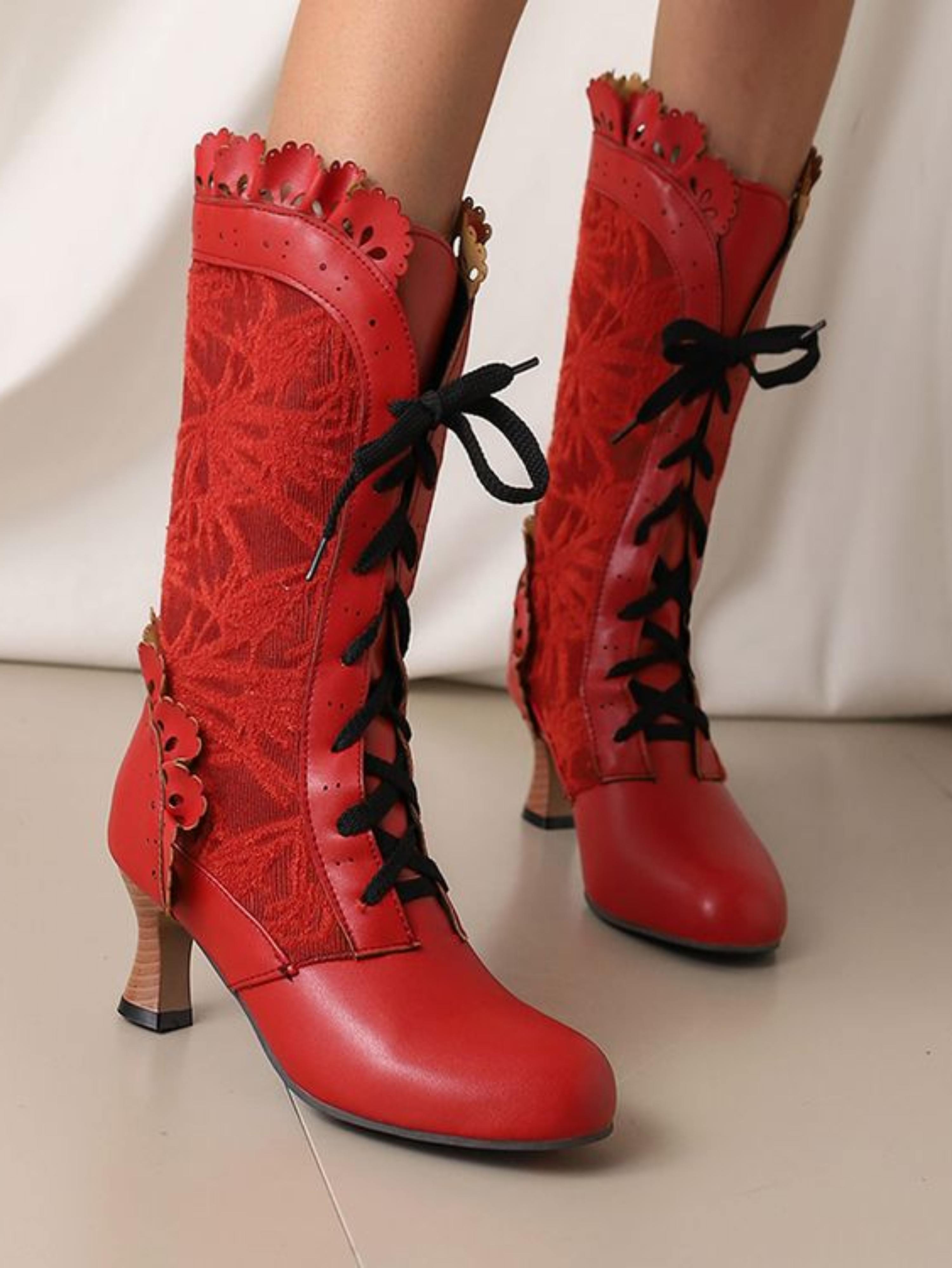 Red Lace-Up Mid-Calf Victorian Boots