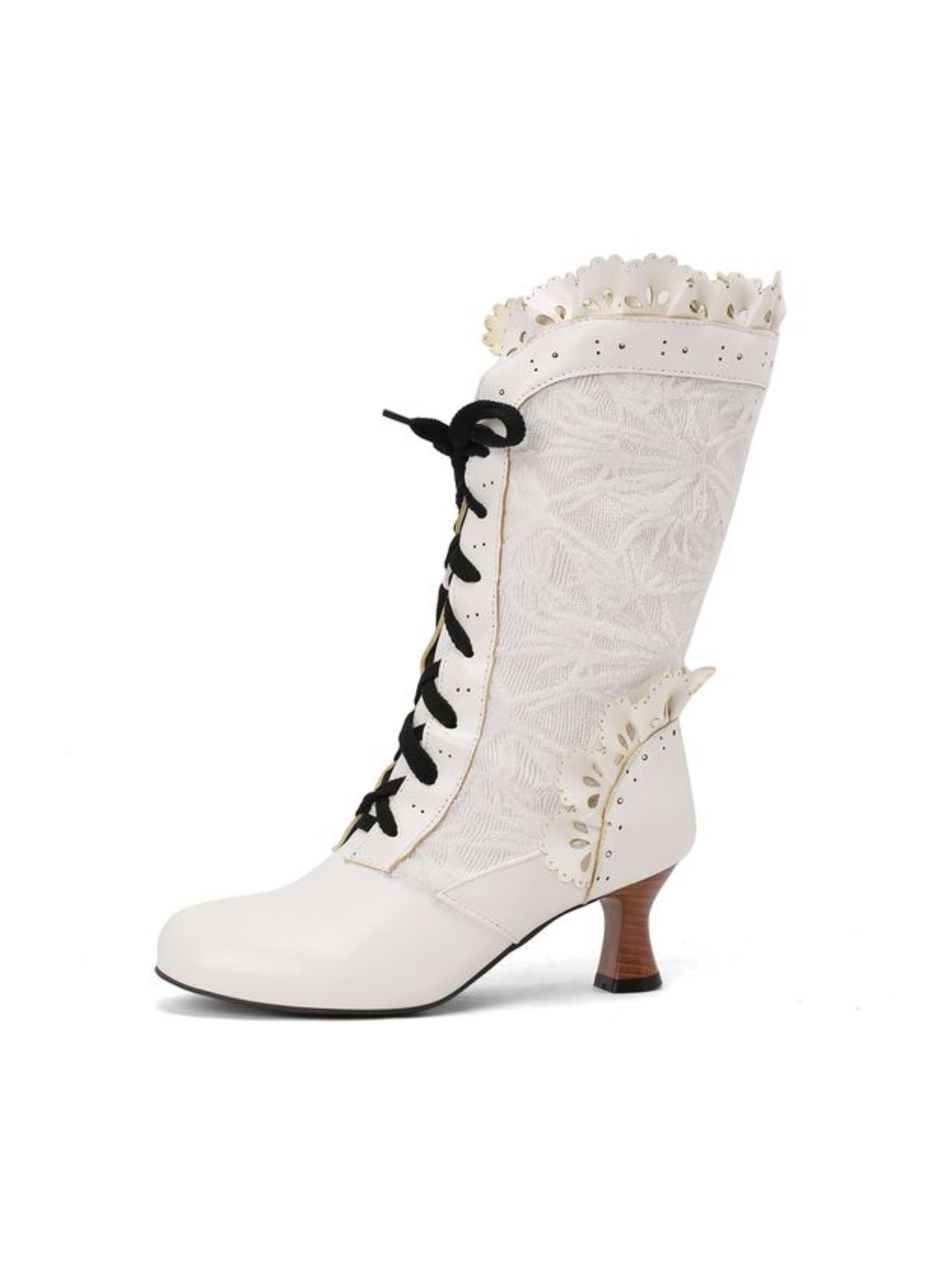 White Vintage Lace-Up Flared Heel Mid-Calf Boots with Scalloped Trim
