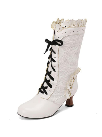 White Vintage Lace-Up Flared Heel Mid-Calf Boots with Scalloped Trim