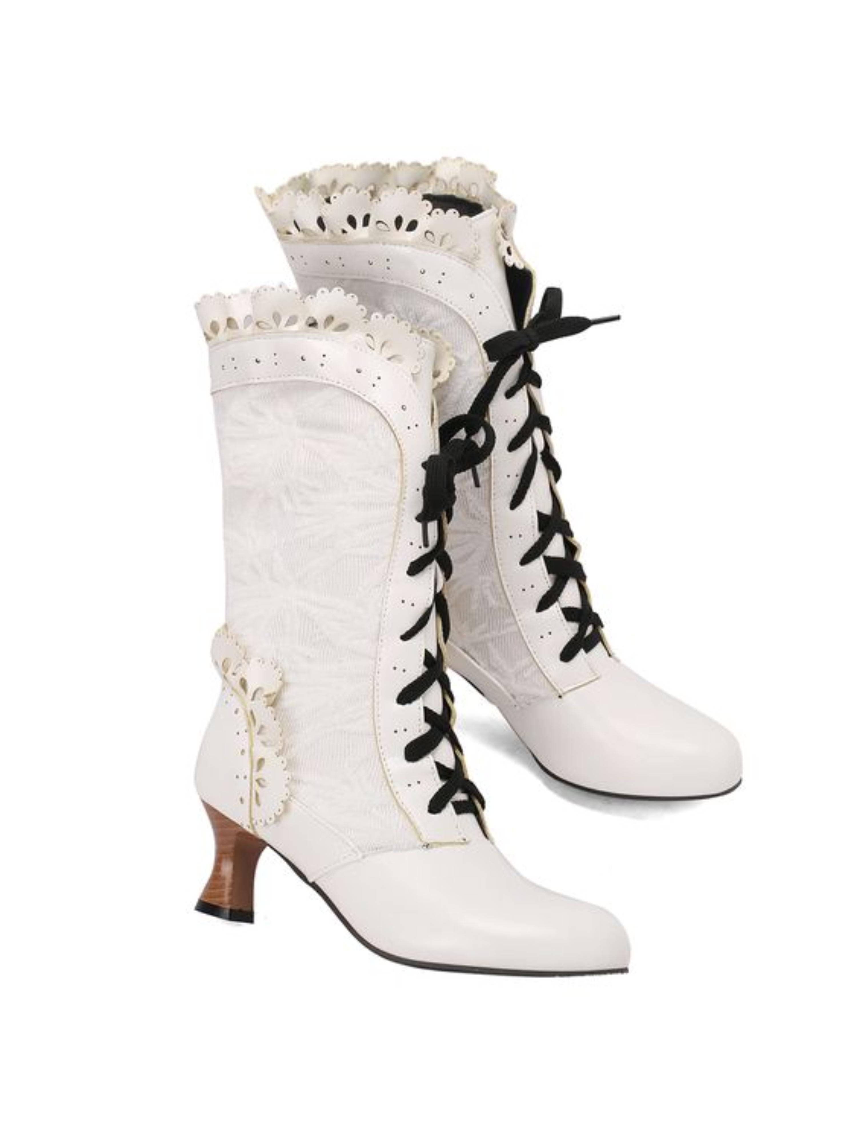 White Vintage Lace-Up Flared Heel Mid-Calf Boots with Scalloped Trim