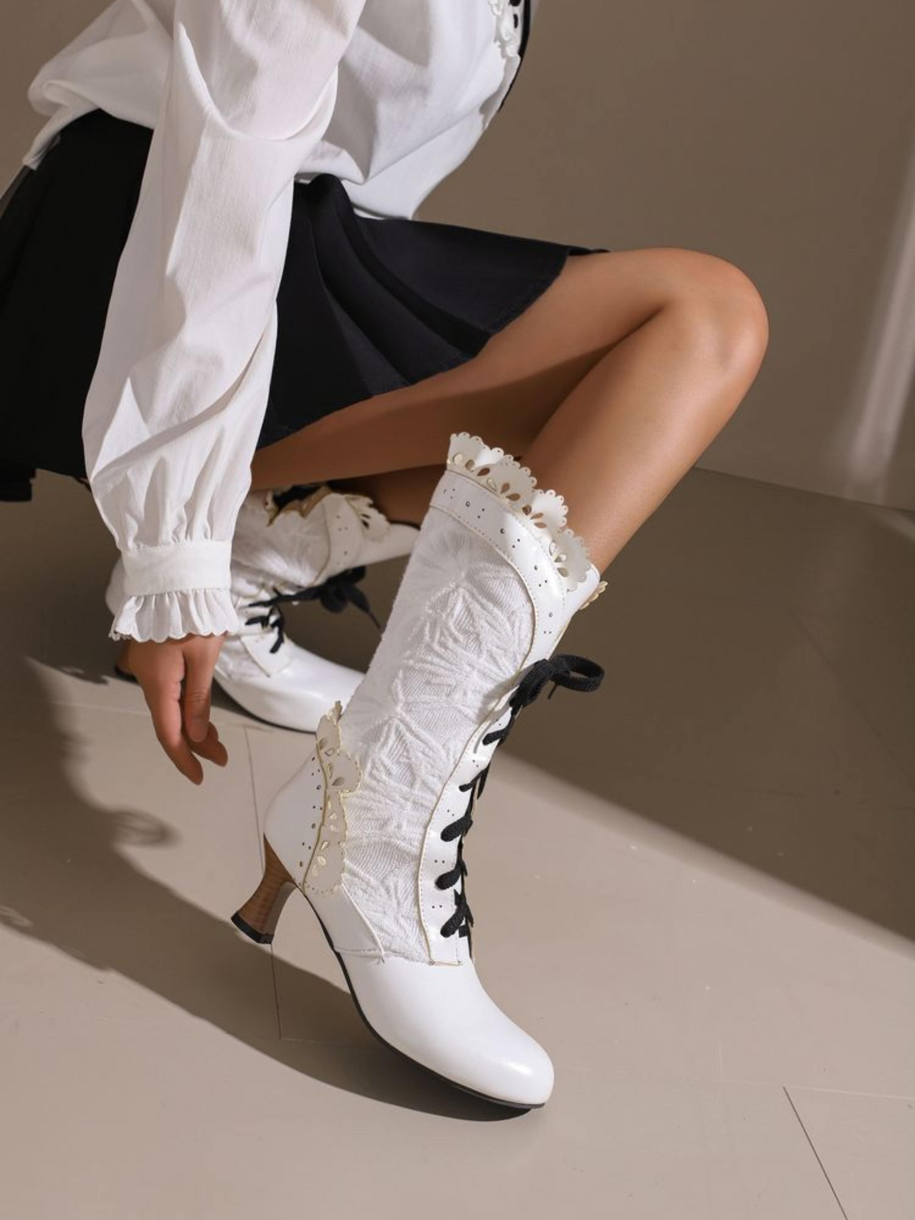 White Vintage Lace-Up Flared Heel Mid-Calf Boots with Scalloped Trim