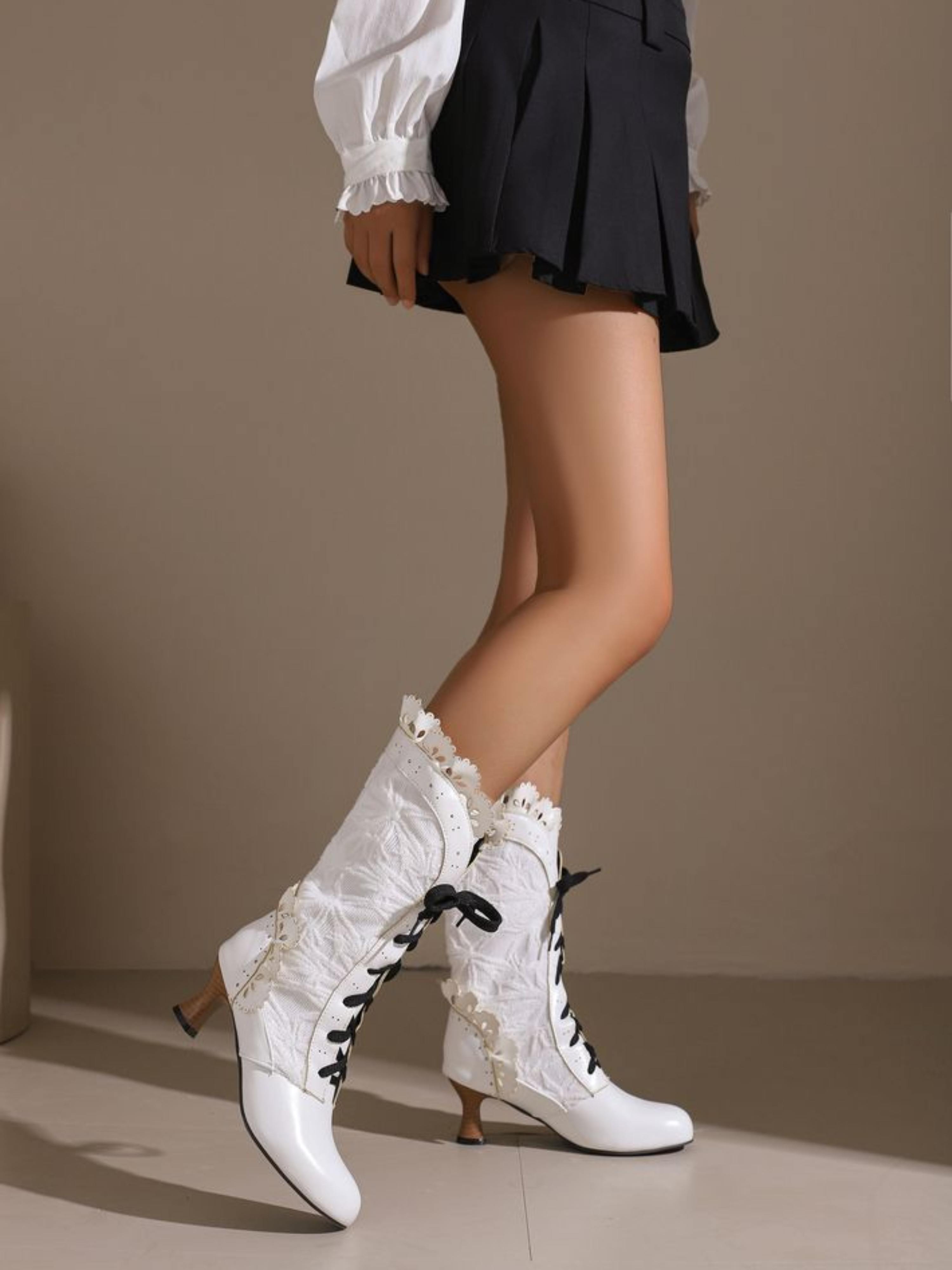White Vintage Lace-Up Flared Heel Mid-Calf Boots with Scalloped Trim