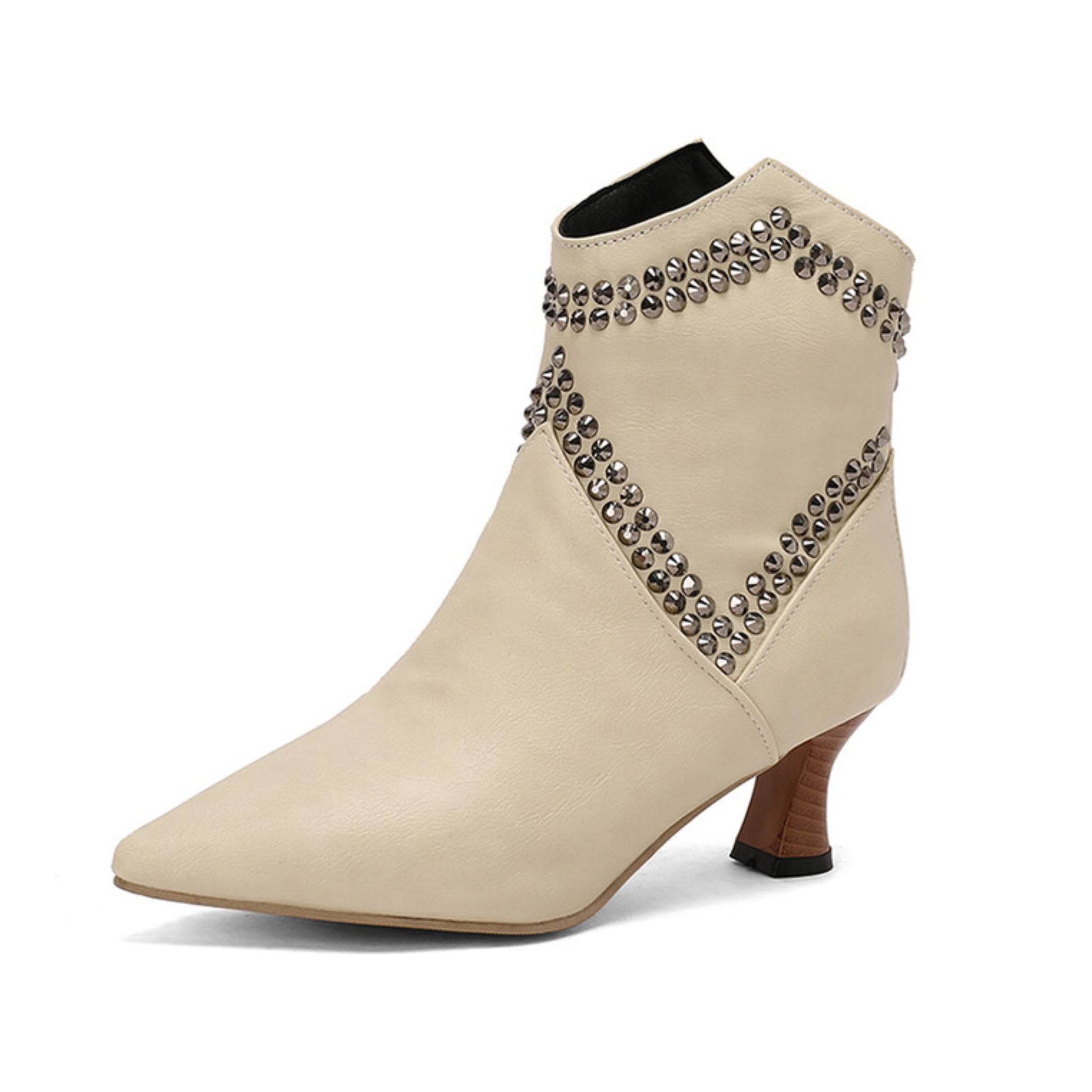 Women’s Pointed Toe Beige Ankle Boots with Rhinestones