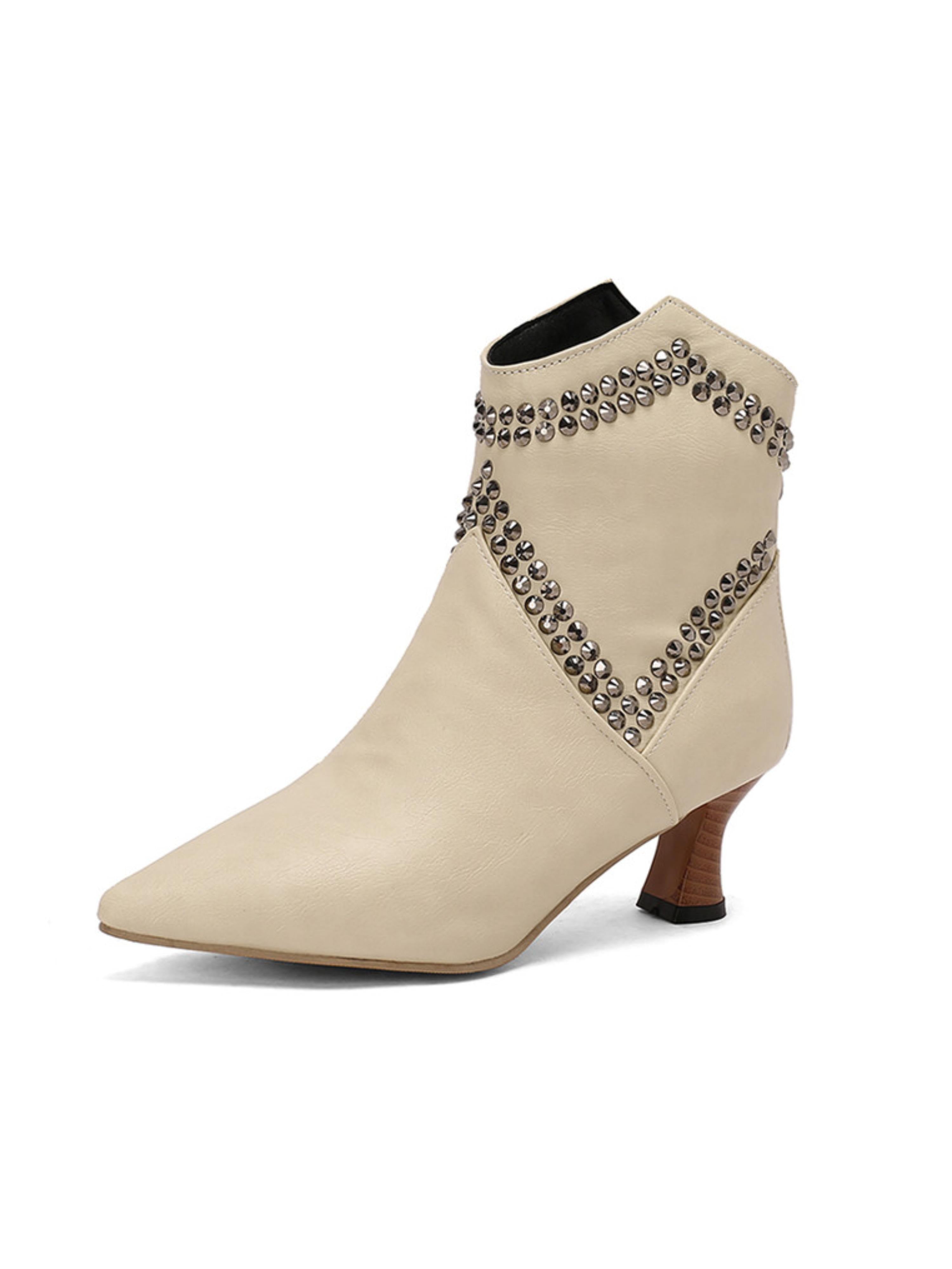 Women’s Pointed Toe Beige Ankle Boots with Rhinestones