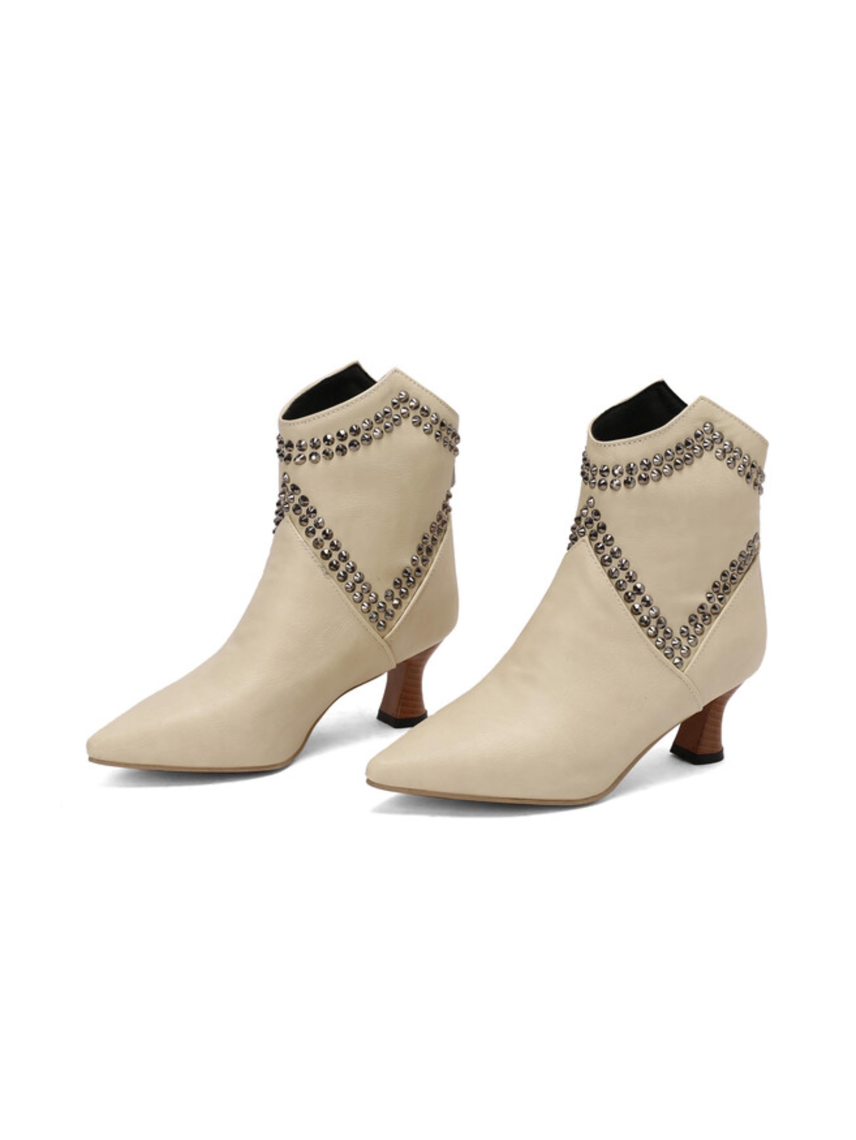Women’s Pointed Toe Beige Ankle Boots with Rhinestones