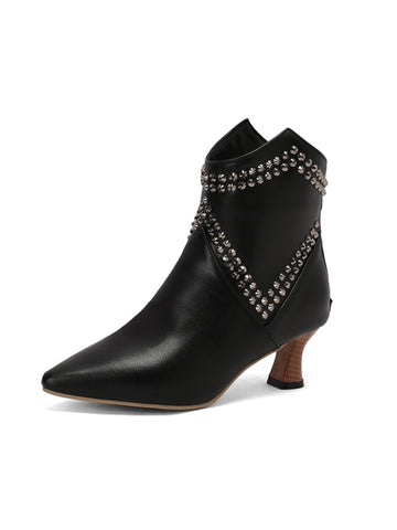 Black Pointed Toe Women's Ankle Boots with Rhinestones