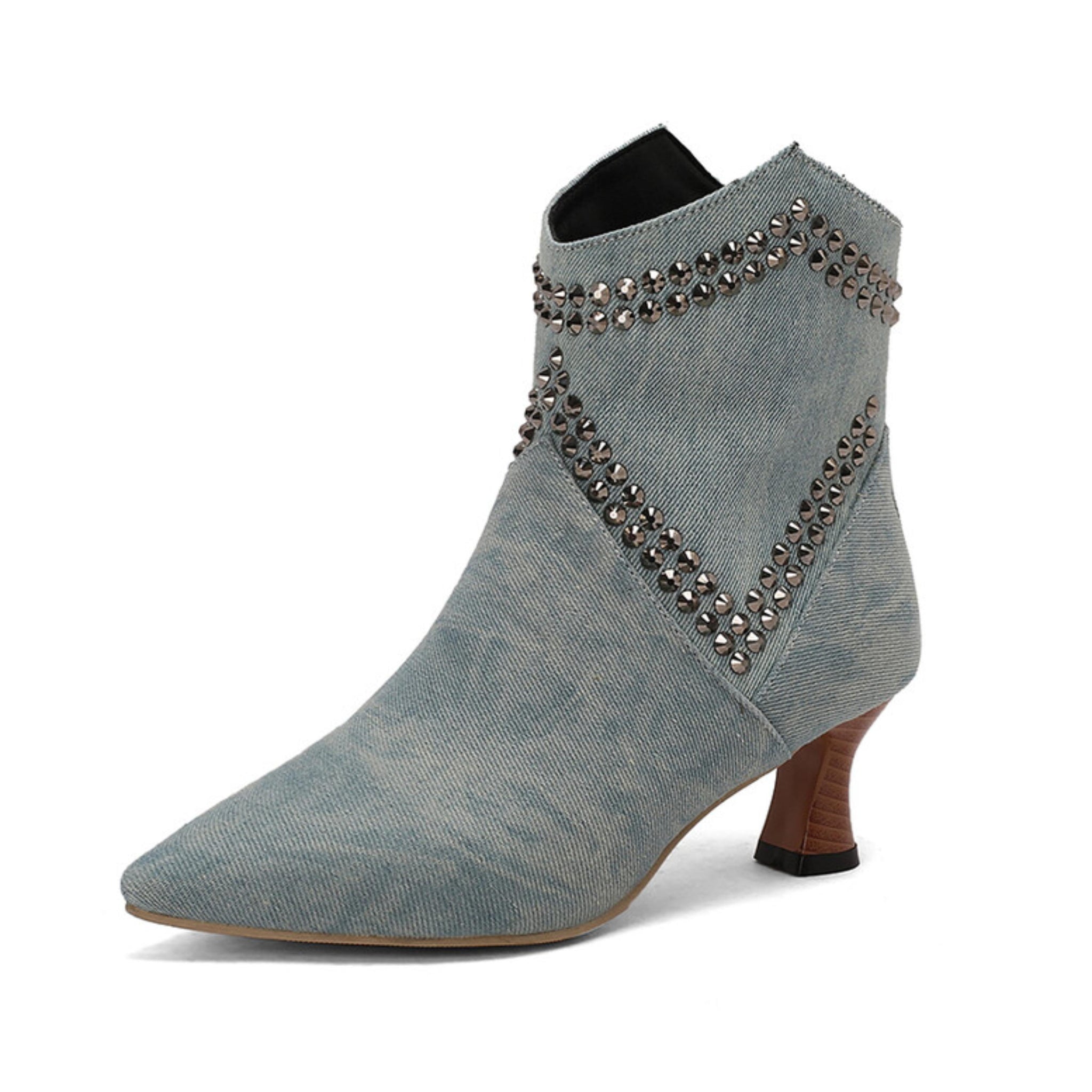 Rhinestoned Denim Blue Mid Heel Ankle Boots for Women