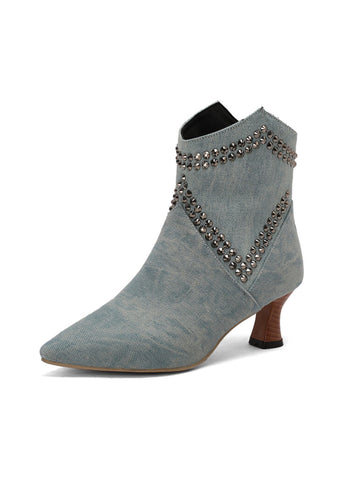 Rhinestoned Denim Blue Mid Heel Ankle Boots for Women