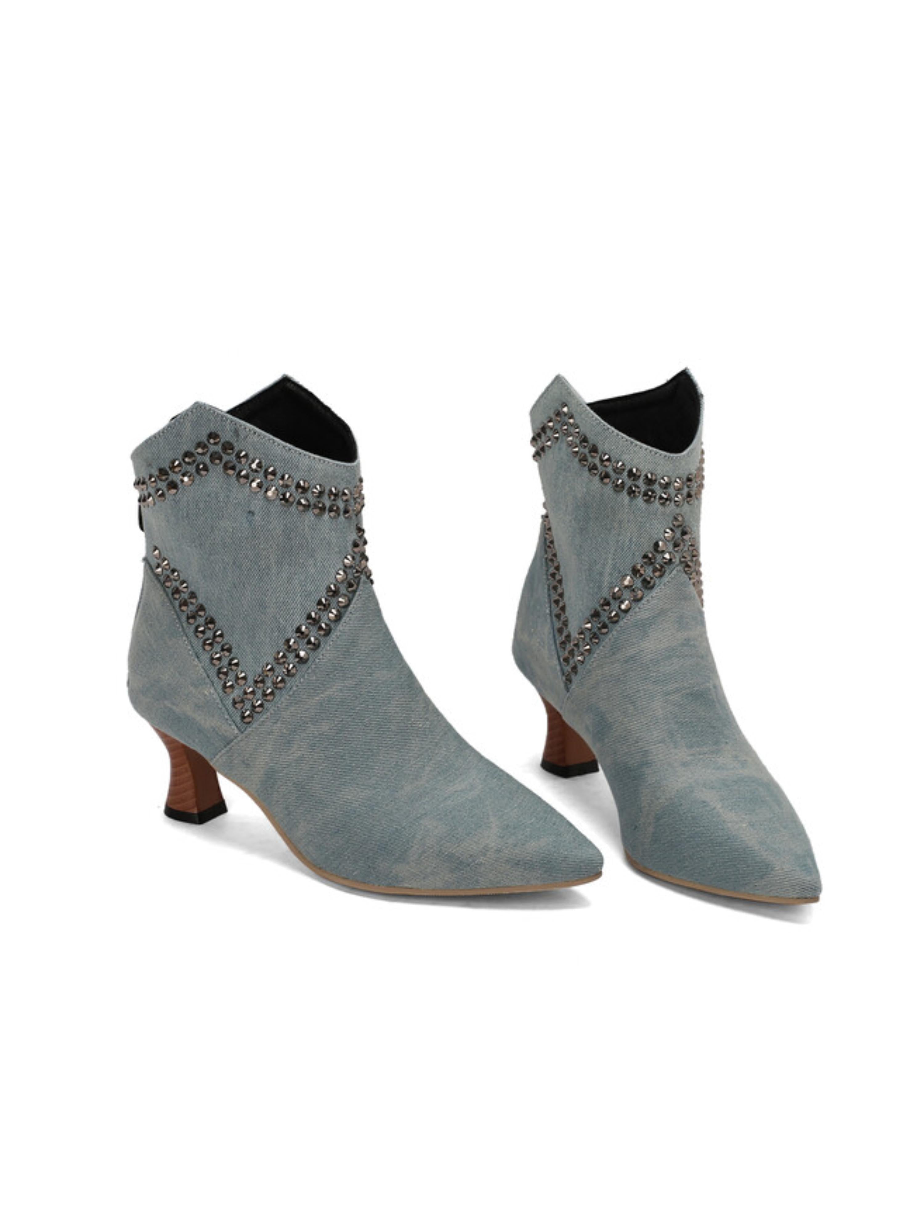 Rhinestoned Denim Blue Mid Heel Ankle Boots for Women