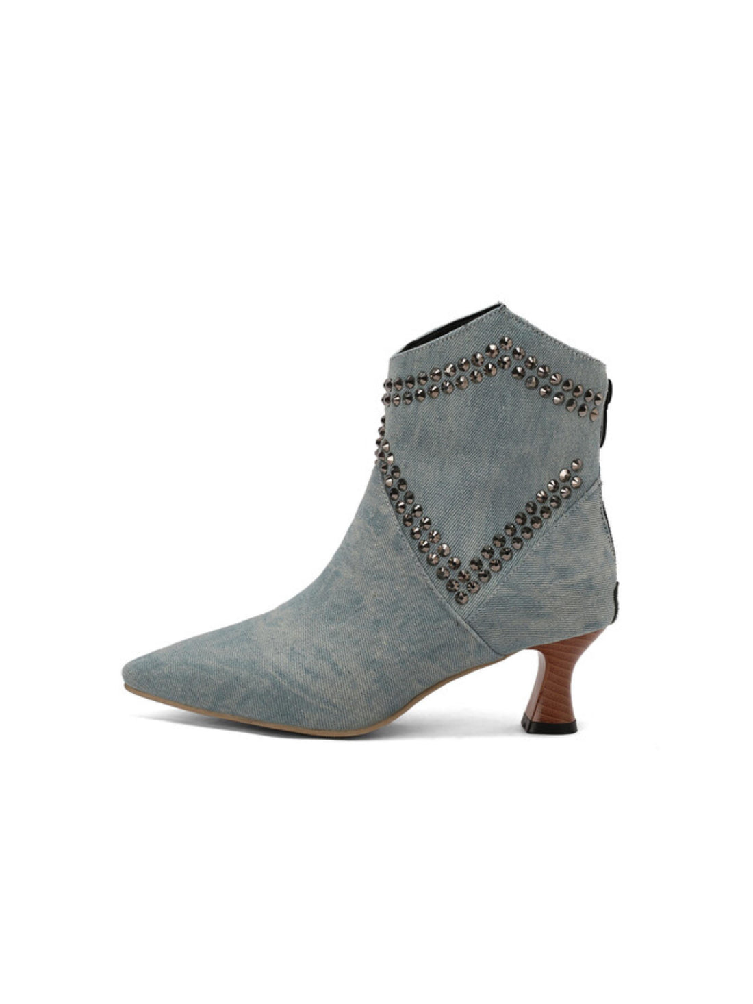 Rhinestoned Denim Blue Mid Heel Ankle Boots for Women