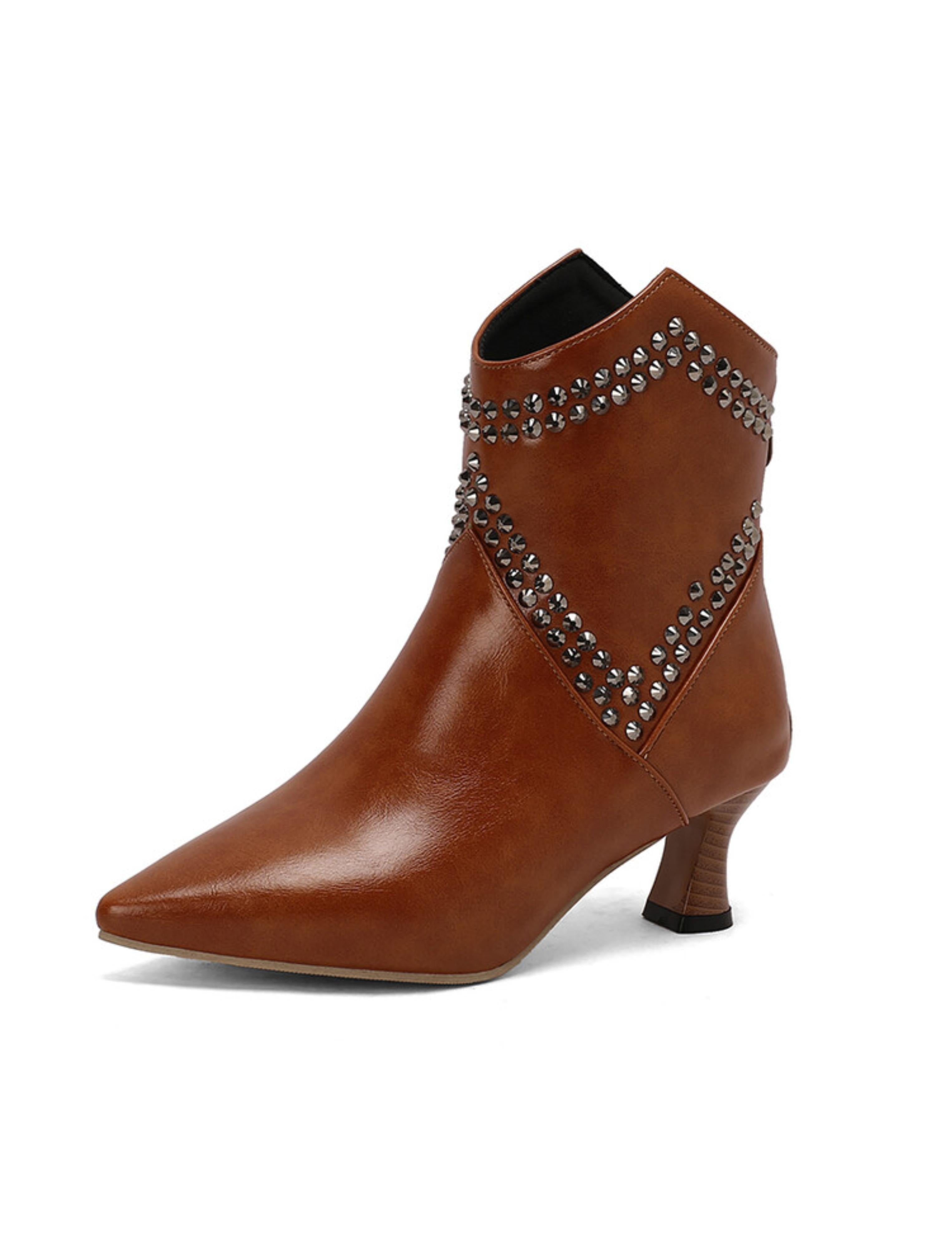 Rhinestone Embellished Brown Ankle Boots for Women