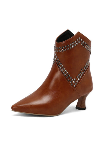Rhinestone Embellished Brown Ankle Boots for Women