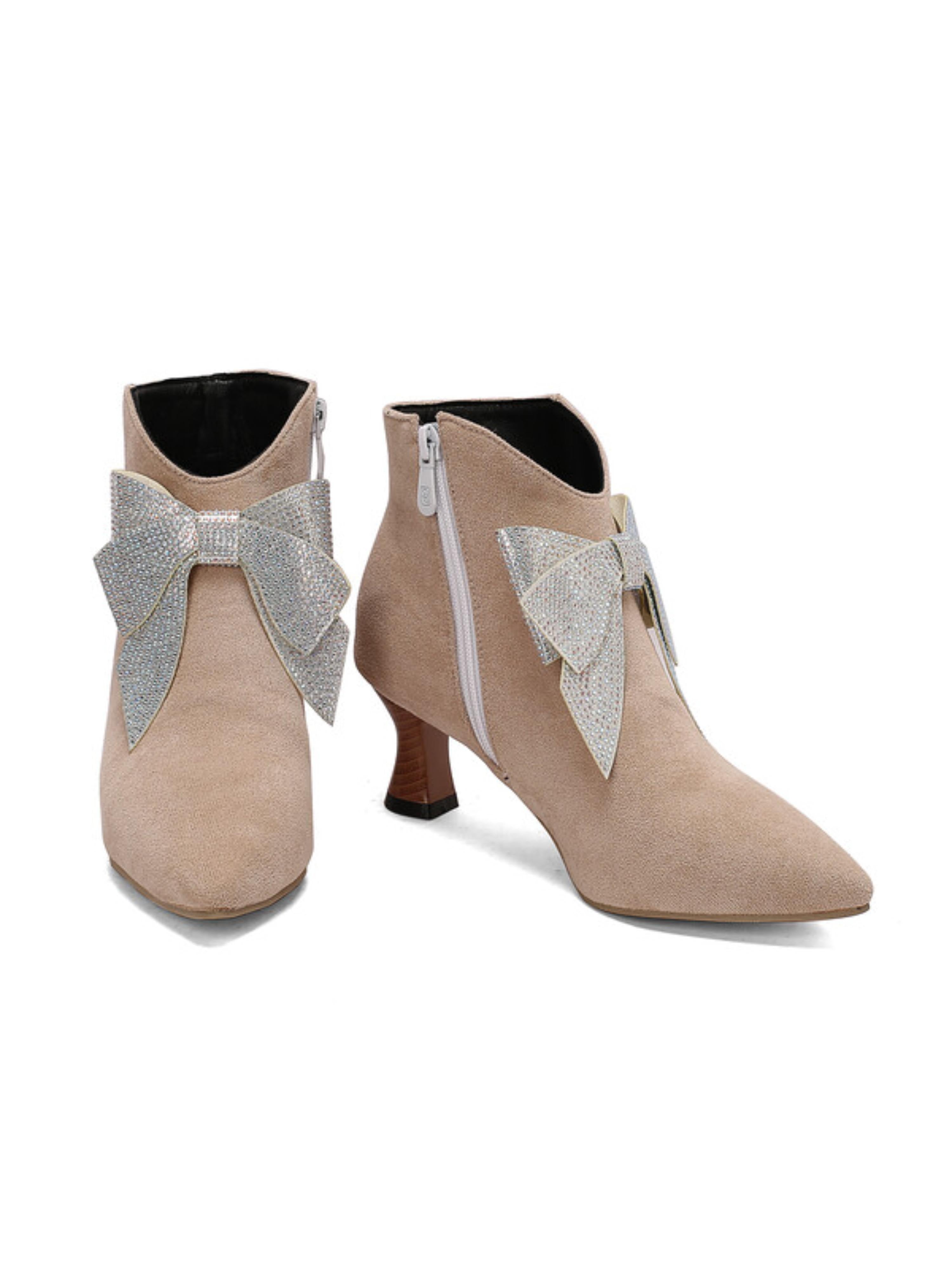 Cute Beige Sparkling Bow Ankle Pointed Toe Boots