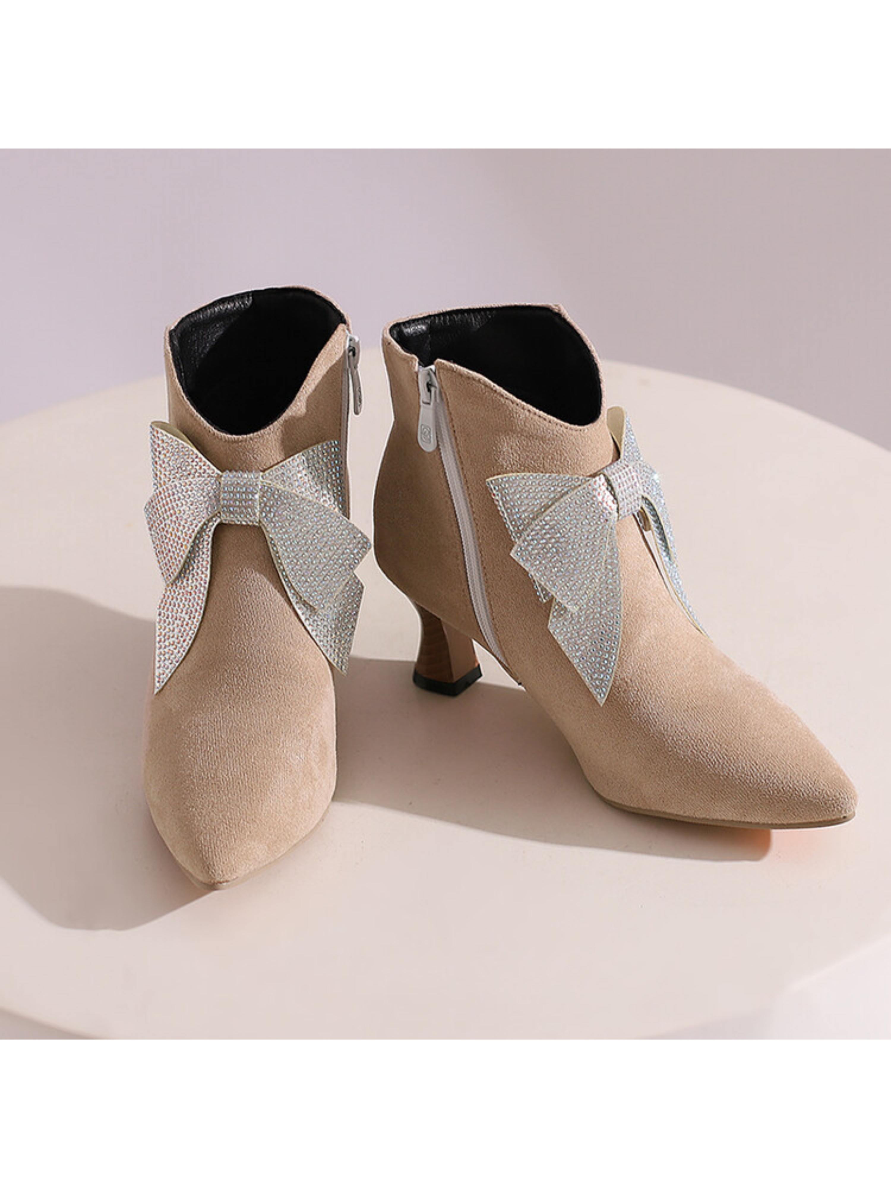 Cute Beige Sparkling Bow Ankle Pointed Toe Boots