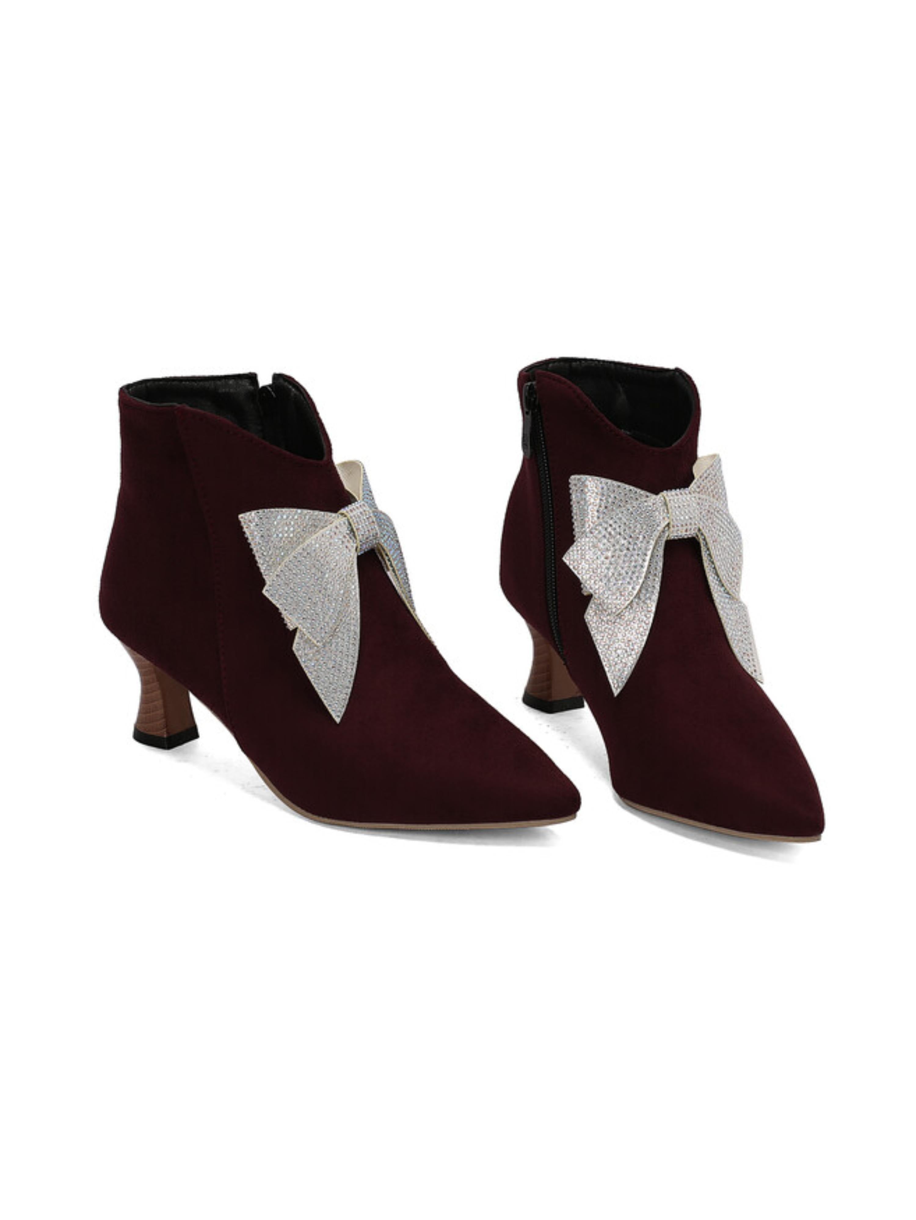 Rhinestone Bow Burgundy Short Boots for Women