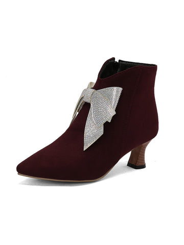 Rhinestone Bow Burgundy Short Boots for Women