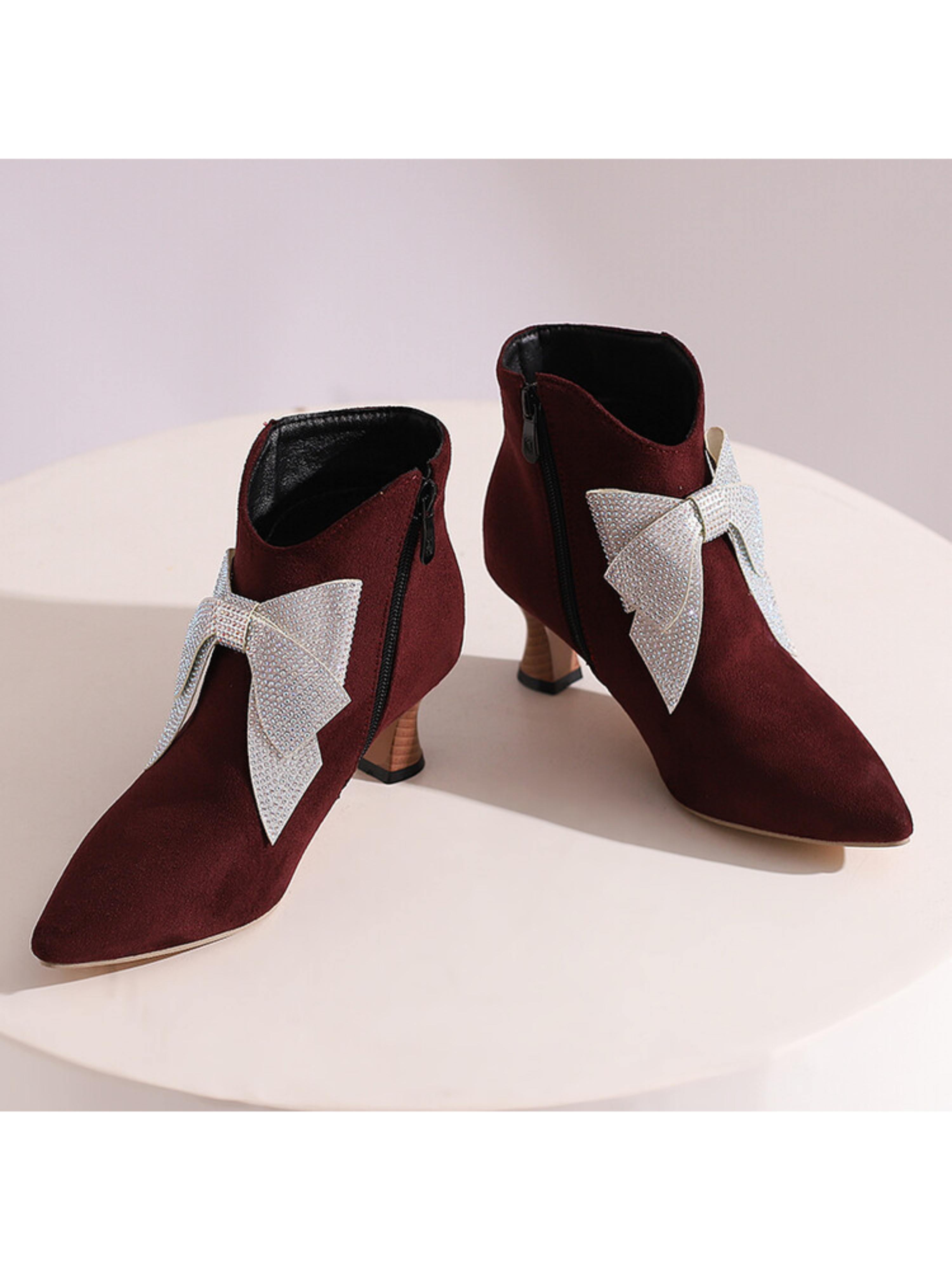 Rhinestone Bow Burgundy Short Boots for Women