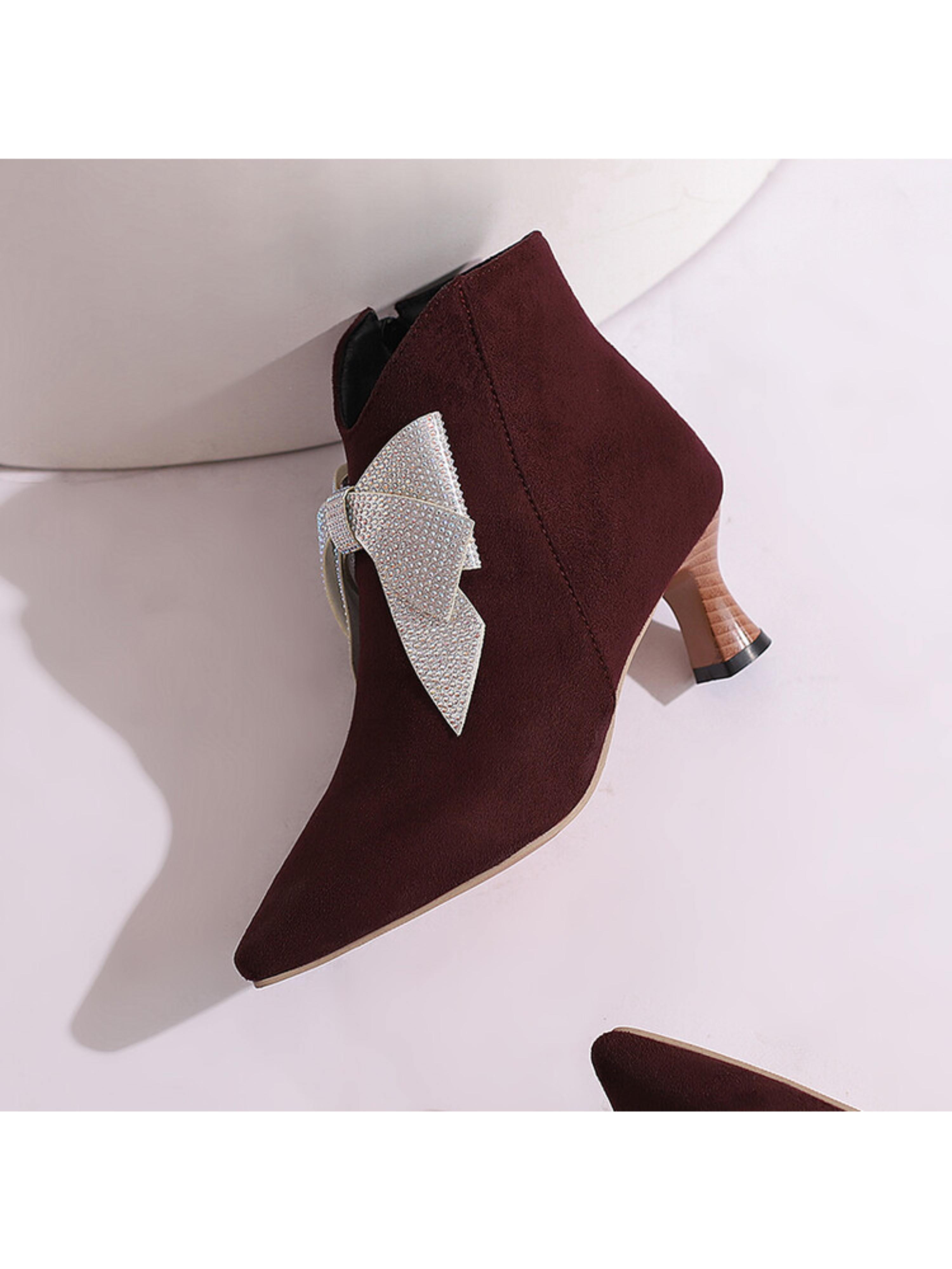 Rhinestone Bow Burgundy Short Boots for Women