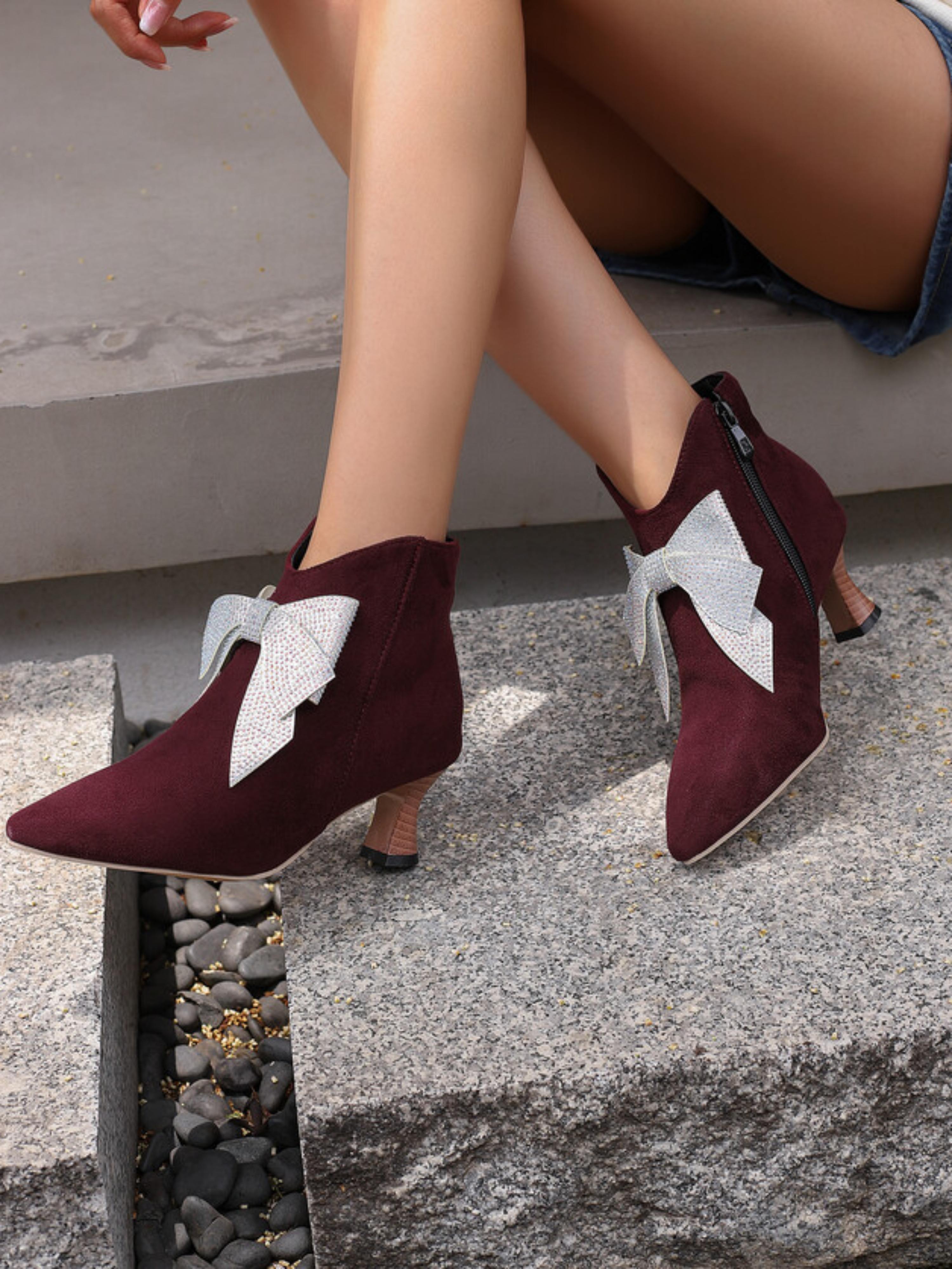 Rhinestone Bow Burgundy Short Boots for Women