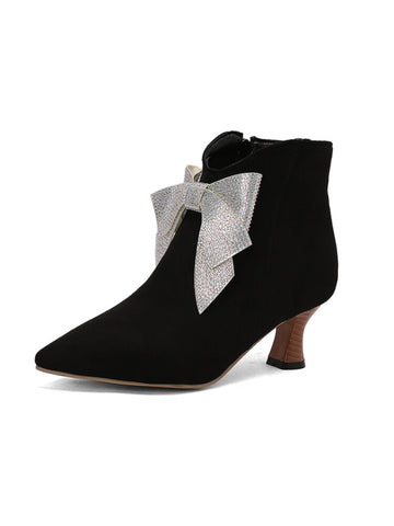 Sparkling Bow Black Ankle Boots with Flared Heels