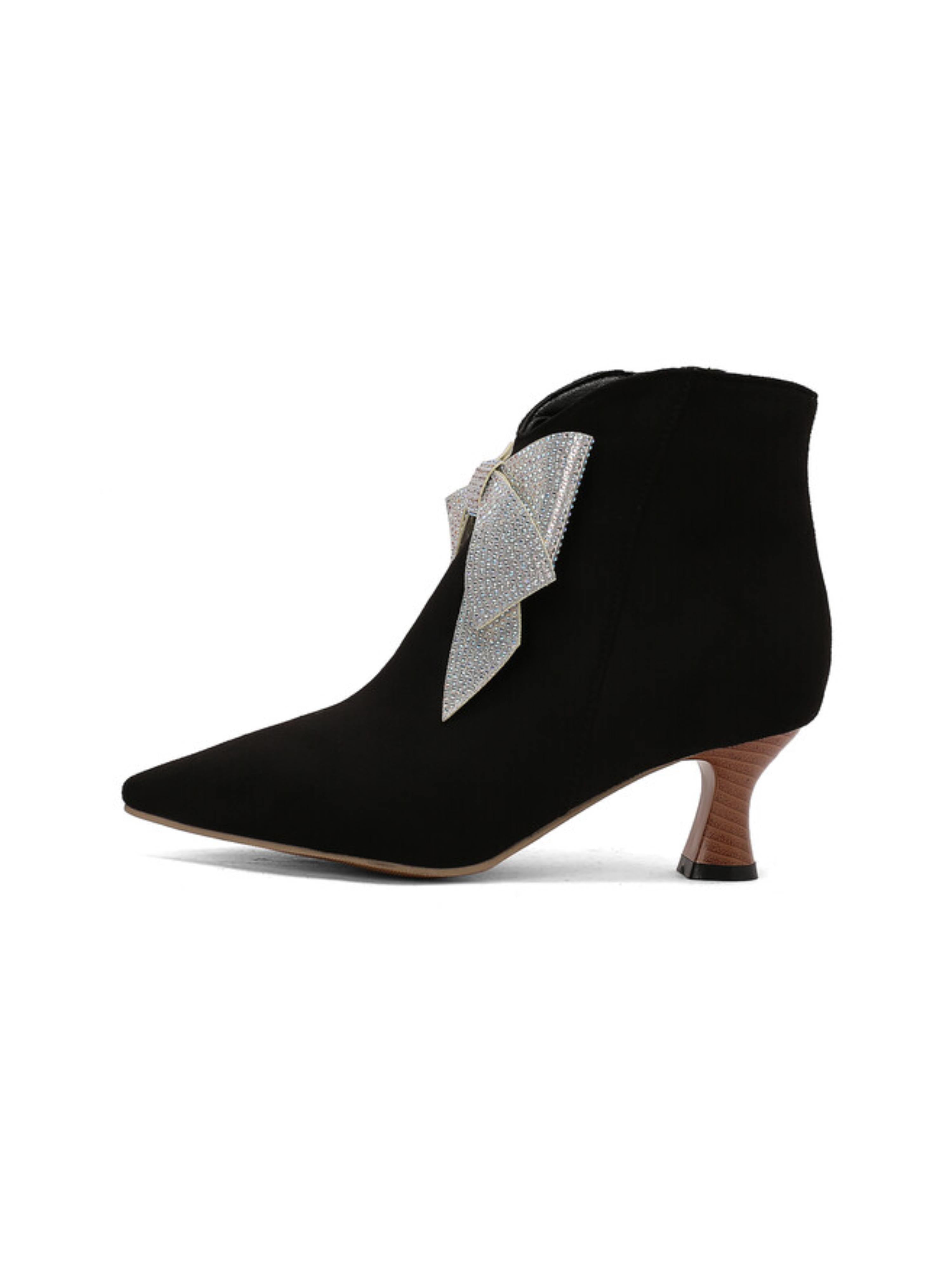 Sparkling Bow Black Ankle Boots with Flared Heels