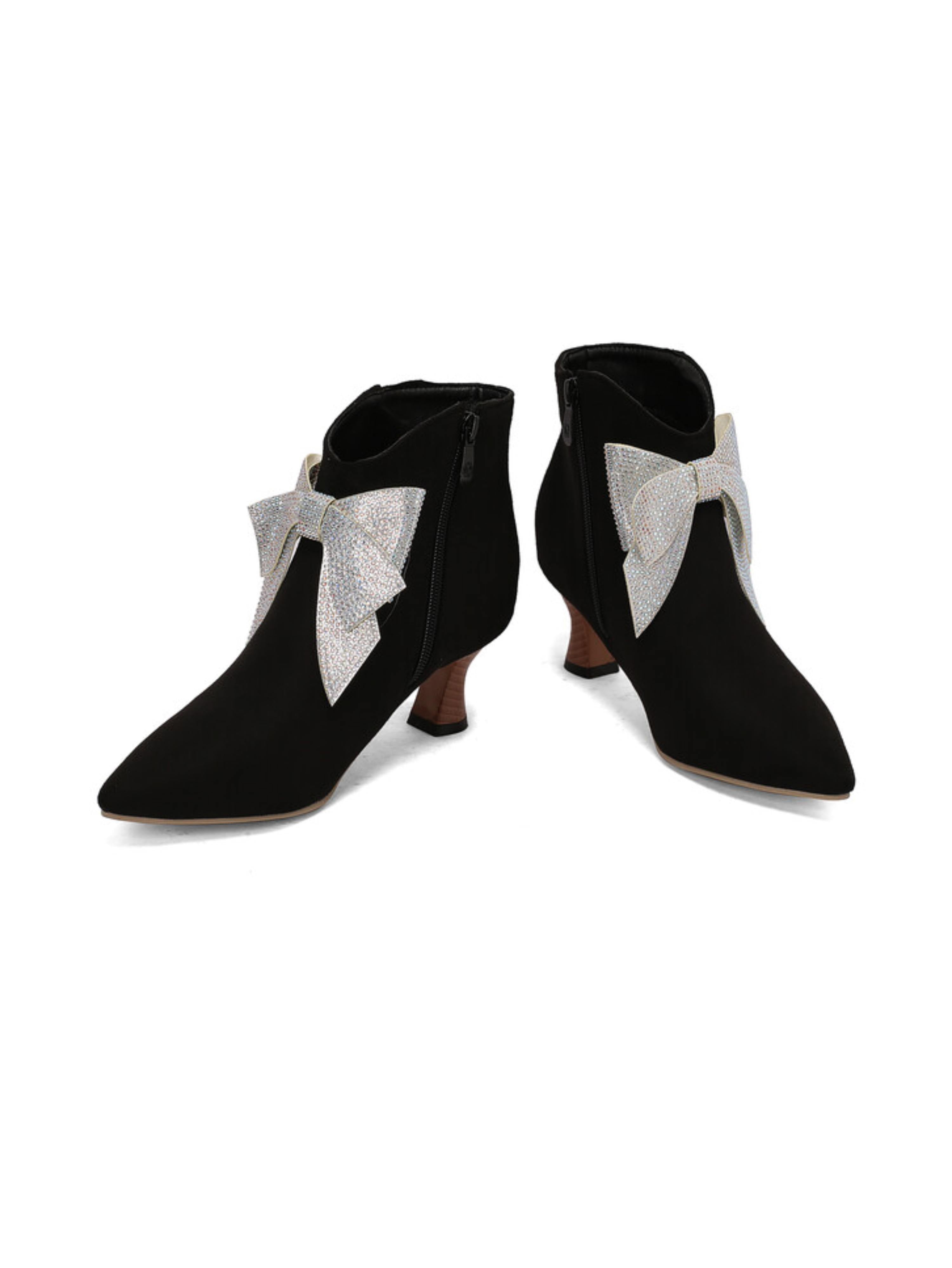 Sparkling Bow Black Ankle Boots with Flared Heels
