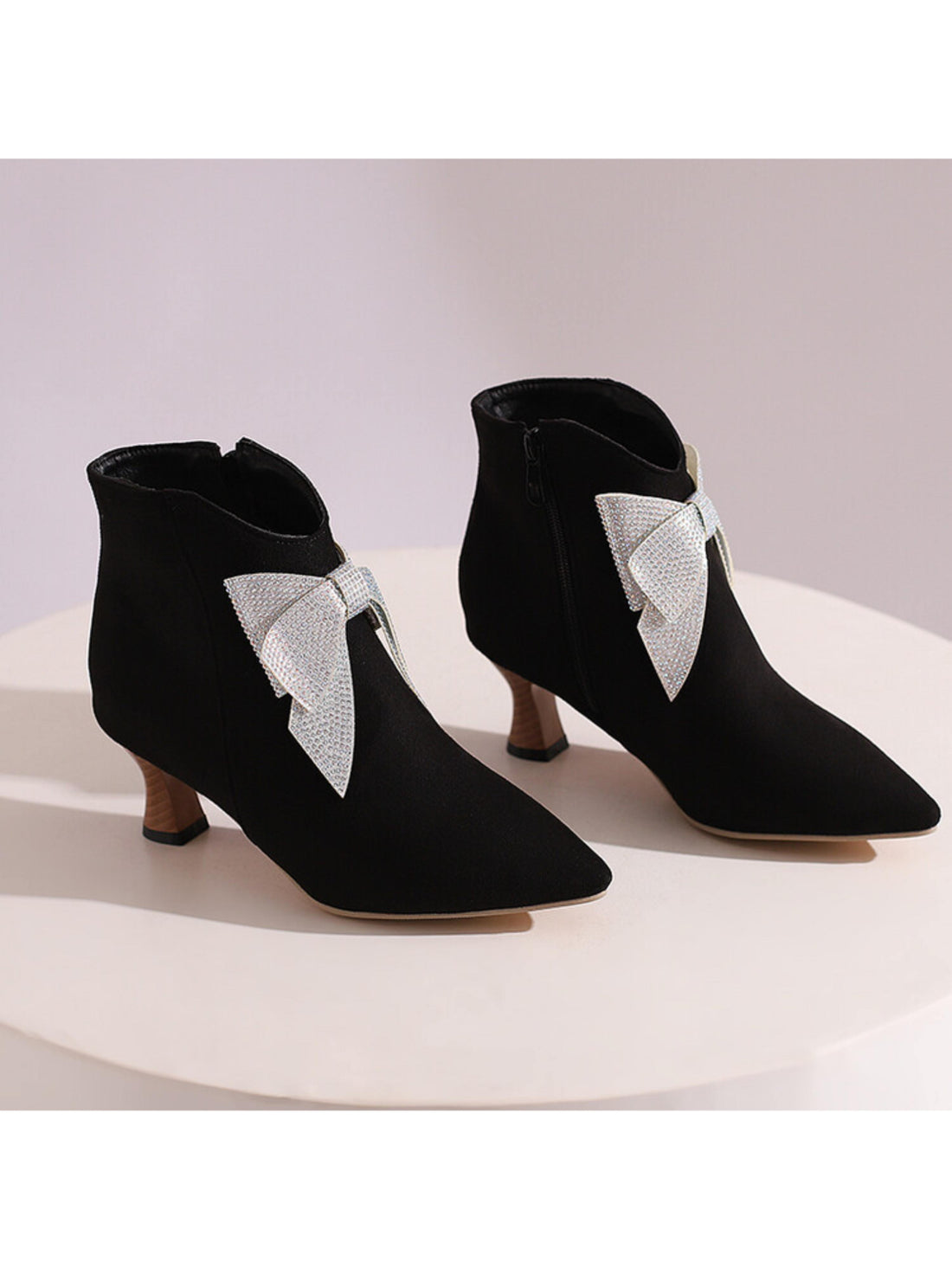 Sparkling Bow Black Ankle Boots with Flared Heels