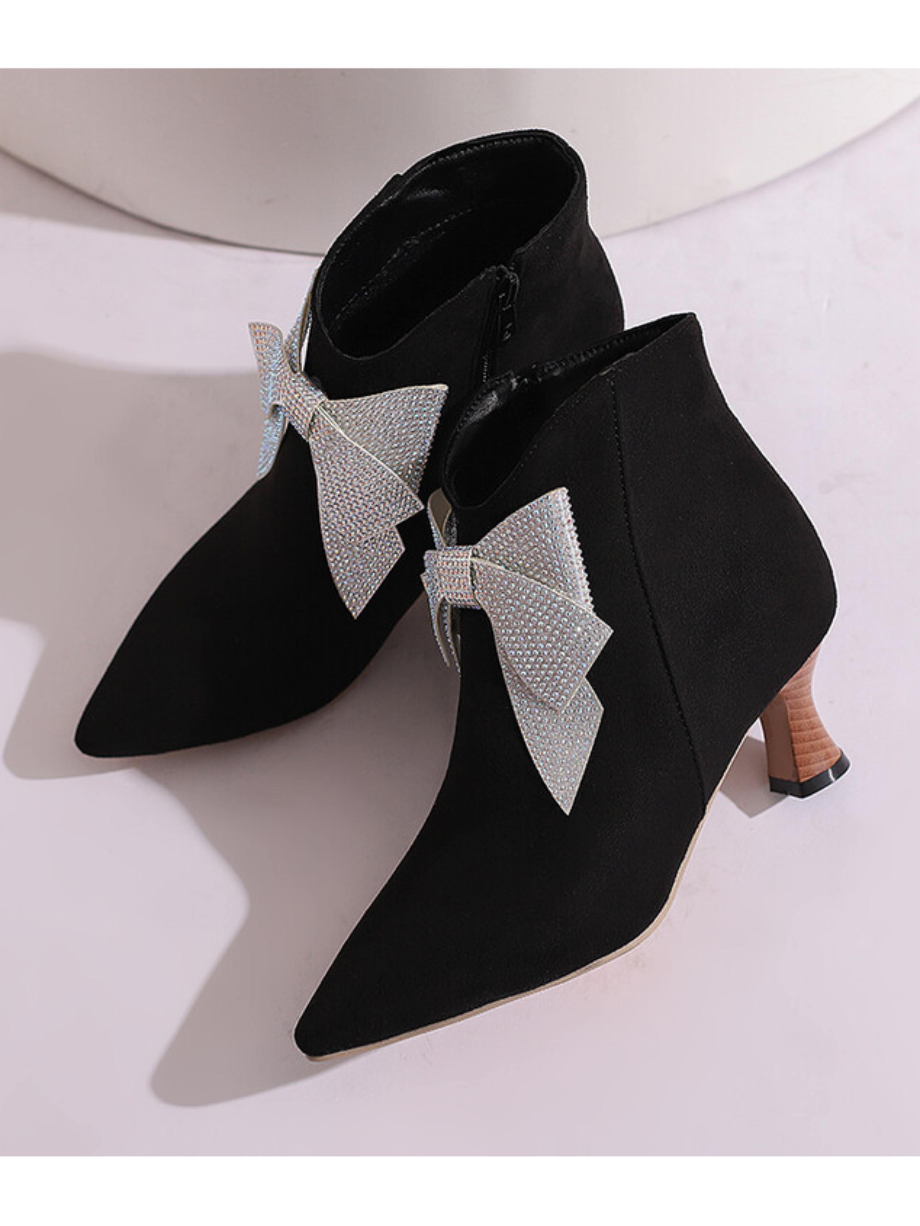 Sparkling Bow Black Ankle Boots with Flared Heels