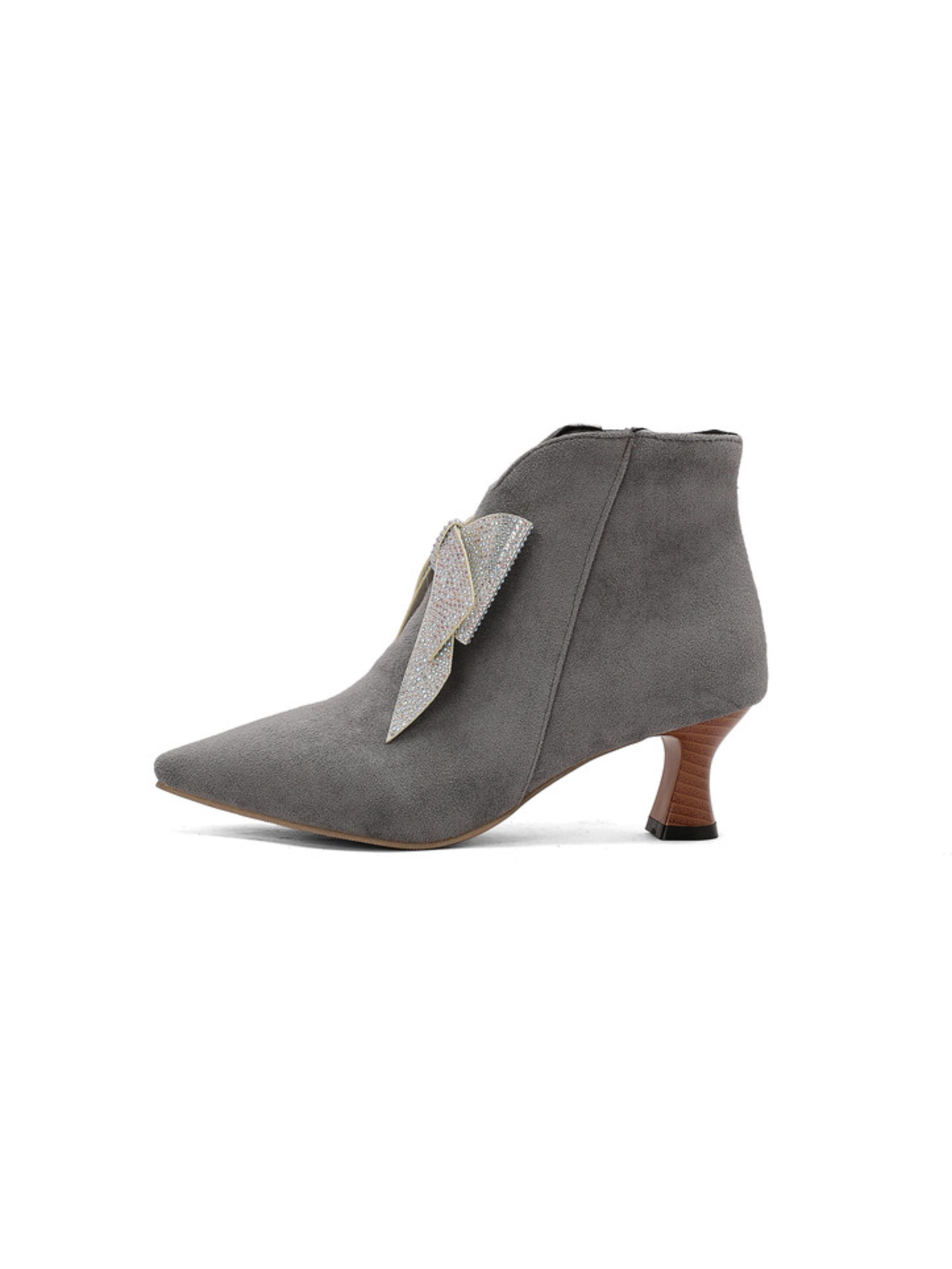 Grey Flared Heel Short Booties with Sparkling Bow