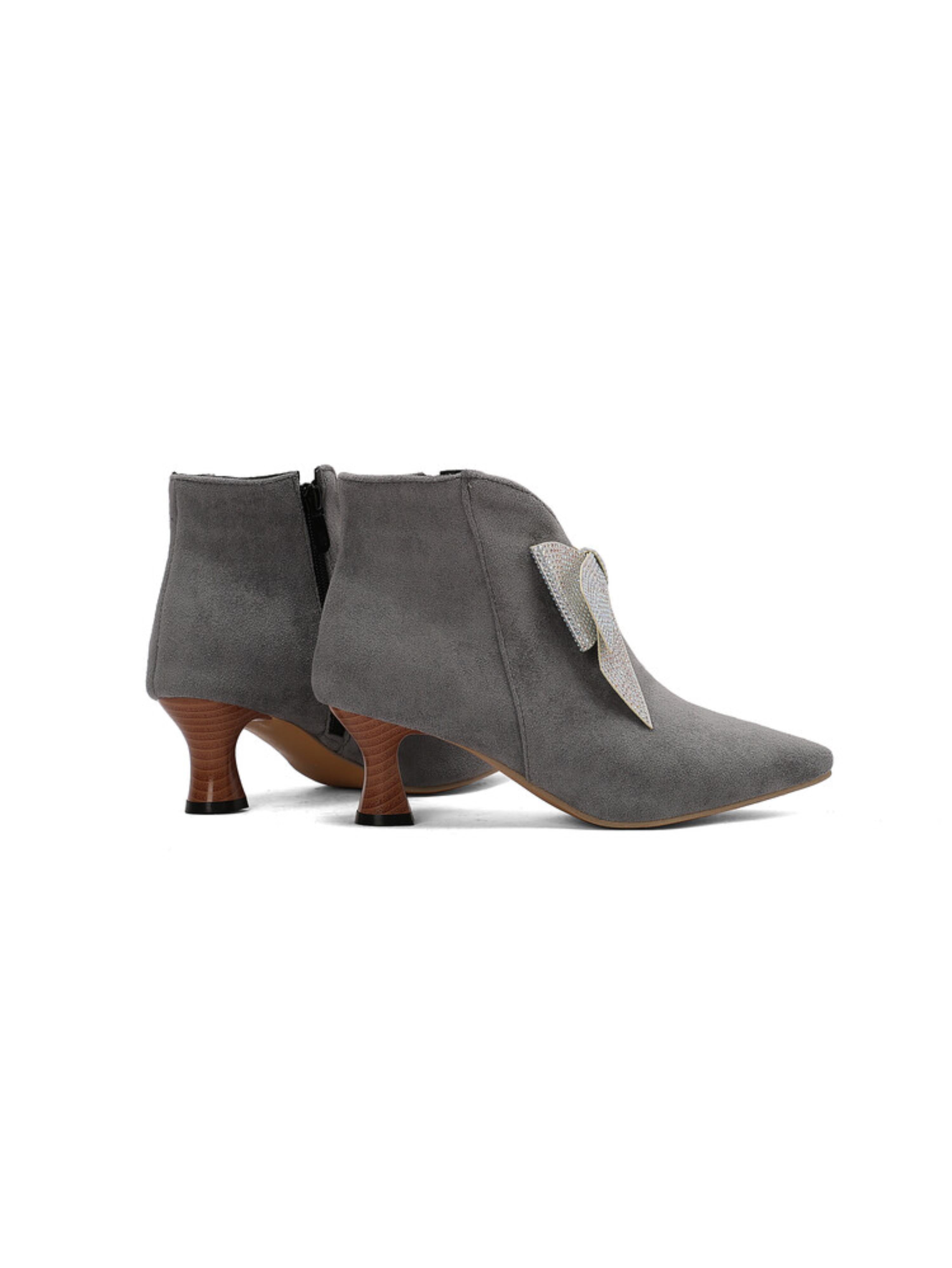 Grey Flared Heel Short Booties with Sparkling Bow