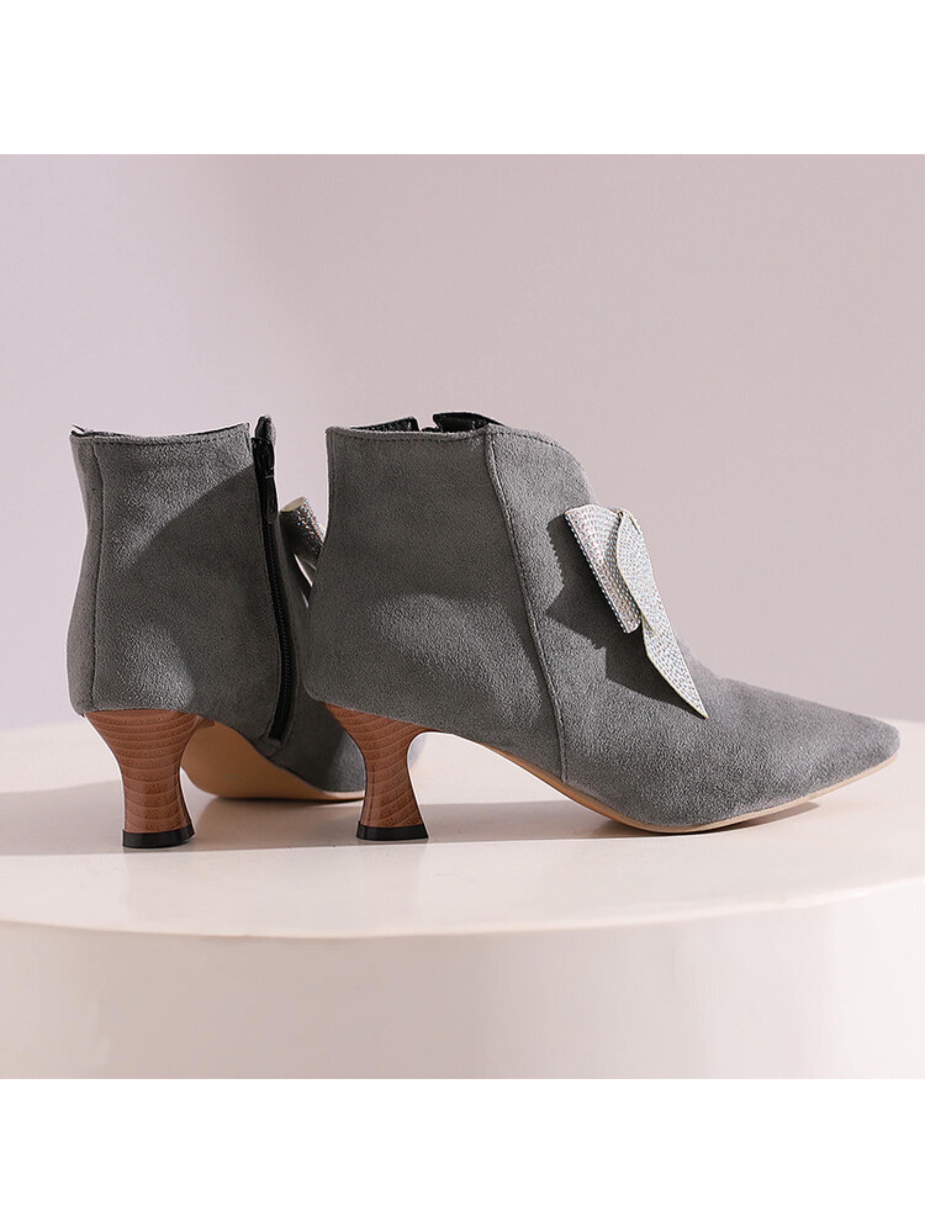 Grey Flared Heel Short Booties with Sparkling Bow
