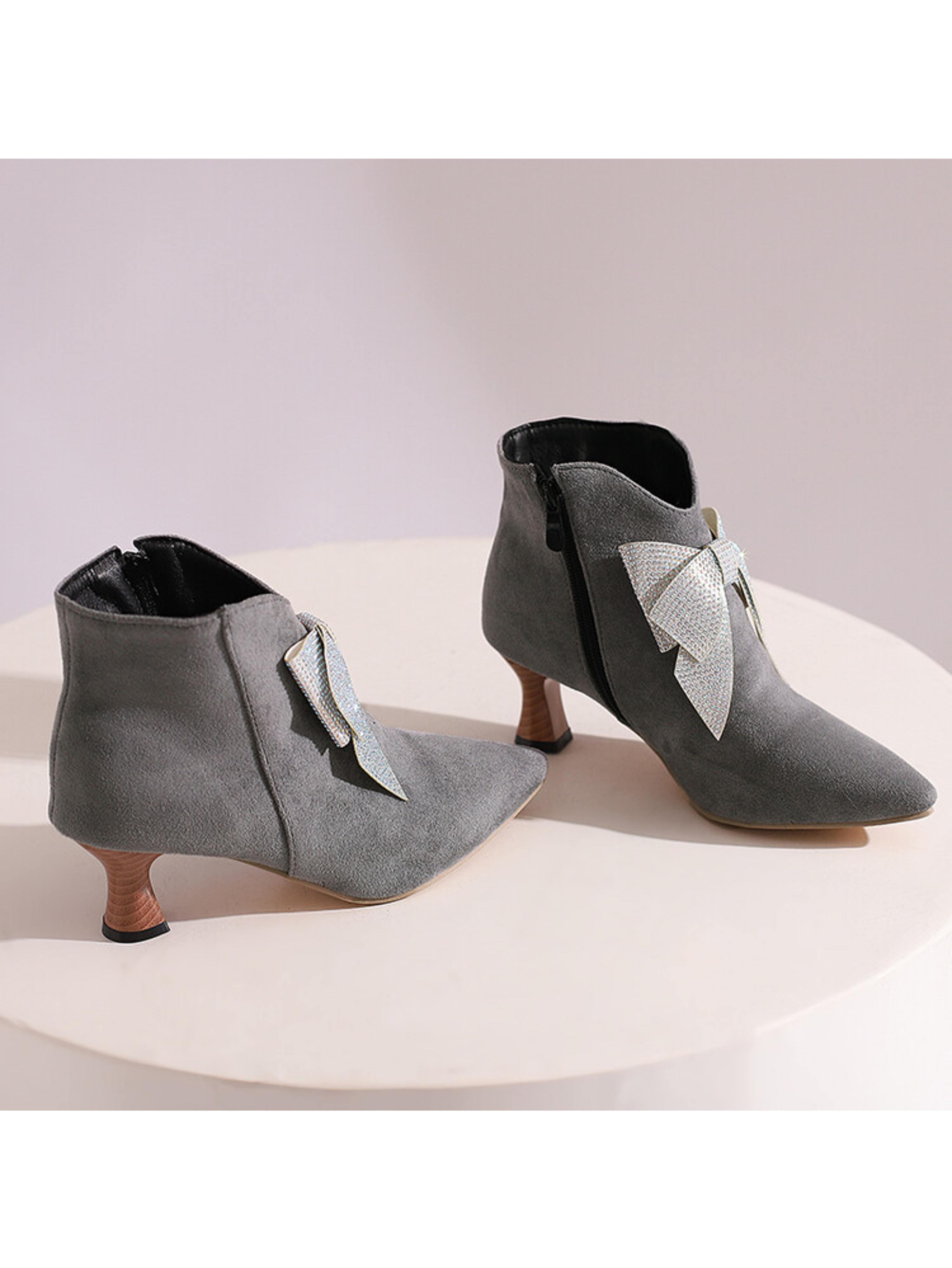Grey Flared Heel Short Booties with Sparkling Bow