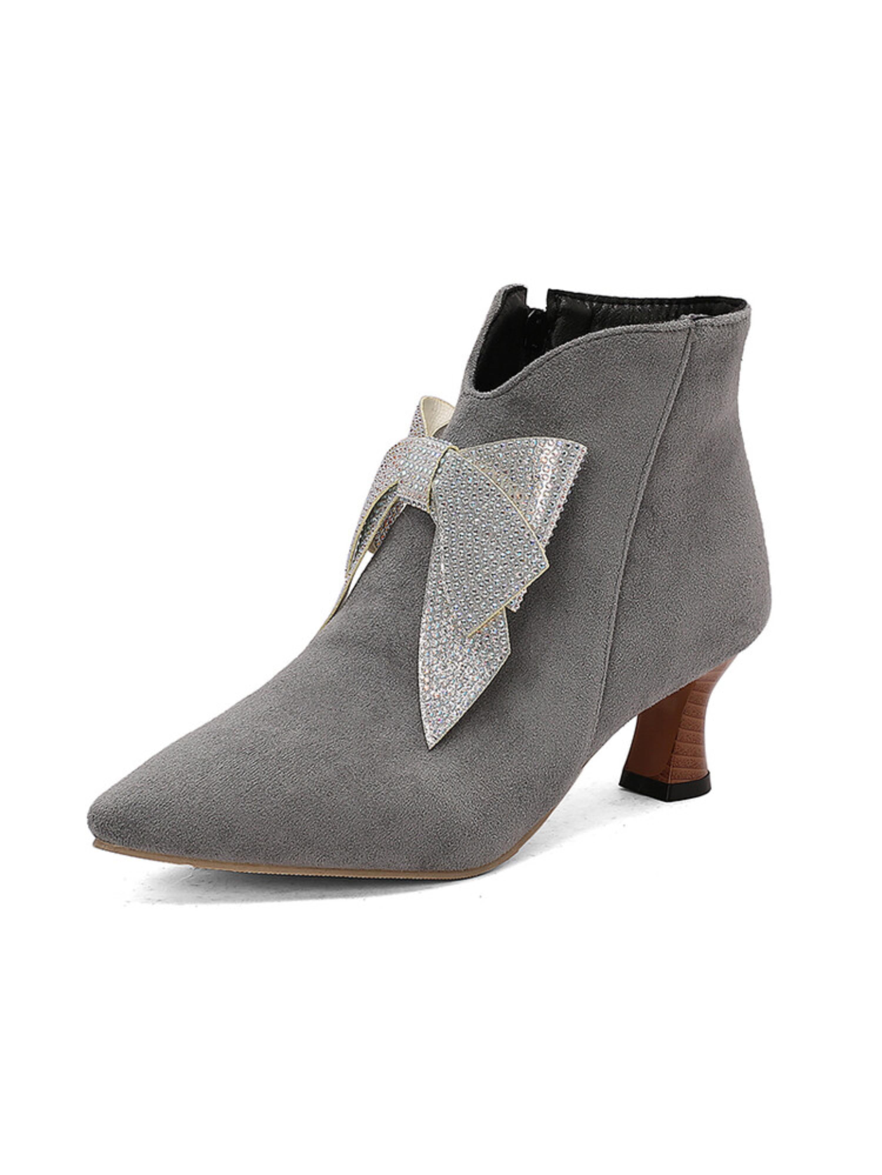 Grey Flared Heel Short Booties with Sparkling Bow