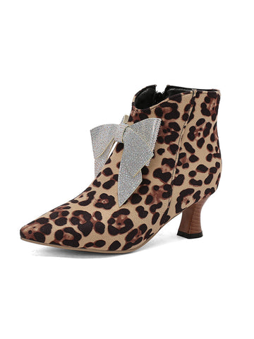 Sparkling Rhinestone Bow Leopard Ankle Pointed Toe Boots