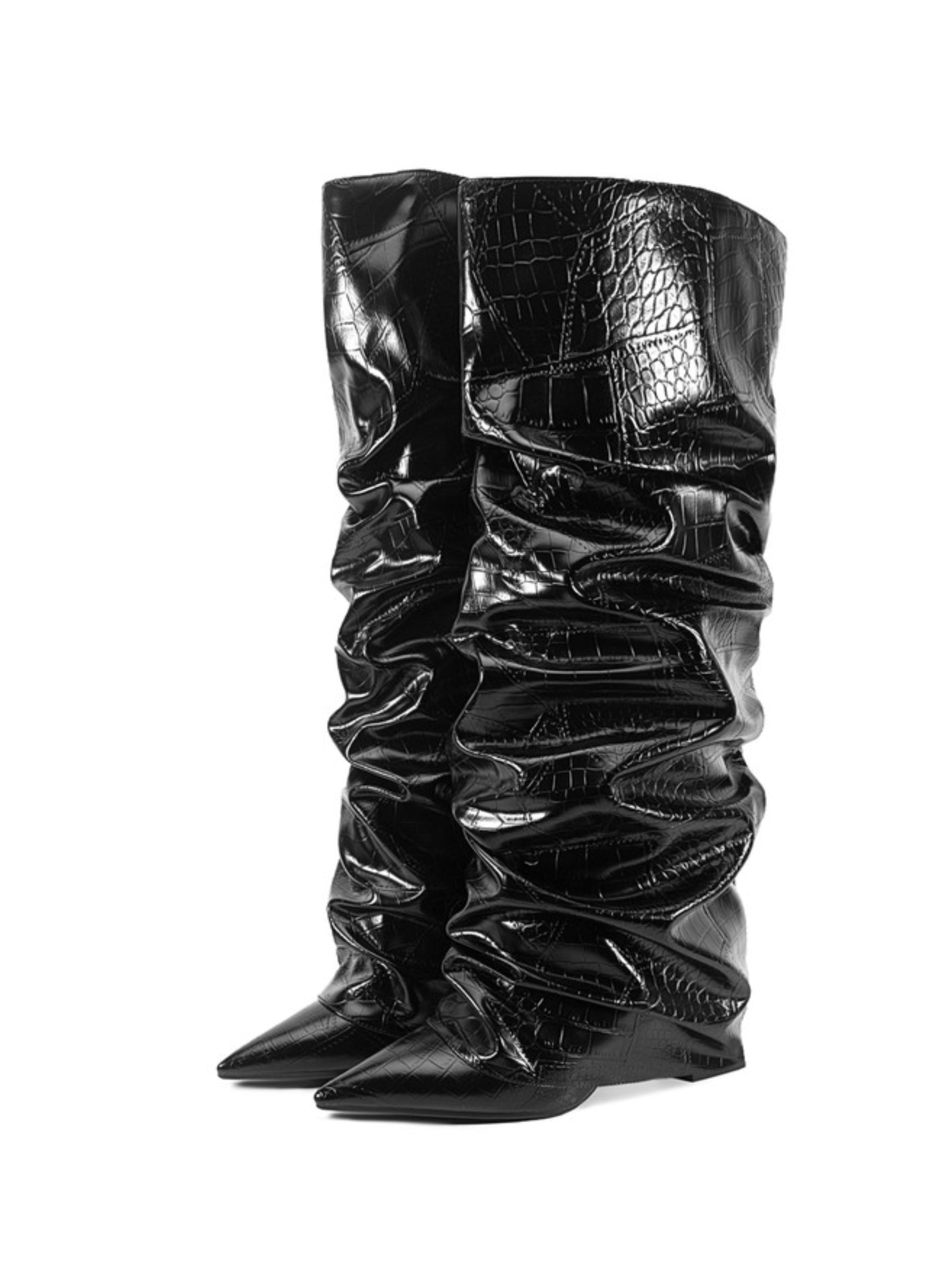 Black Slouchy Pointed Toe Knee High Boots Women